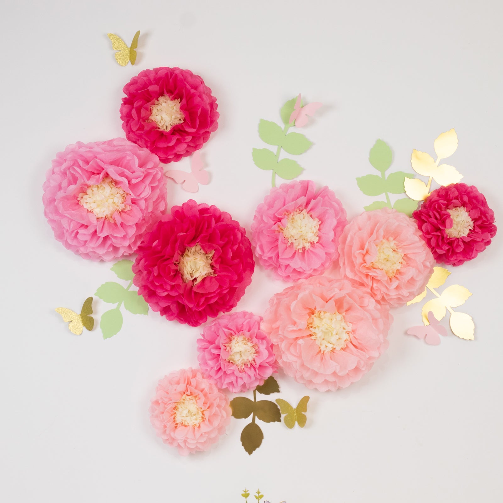 Hot Sale! Set of 21 Tissue Paper Chrysanthemum Pom Poms Decor Kit in Blush Pink with Butterflies & Olive Leaves