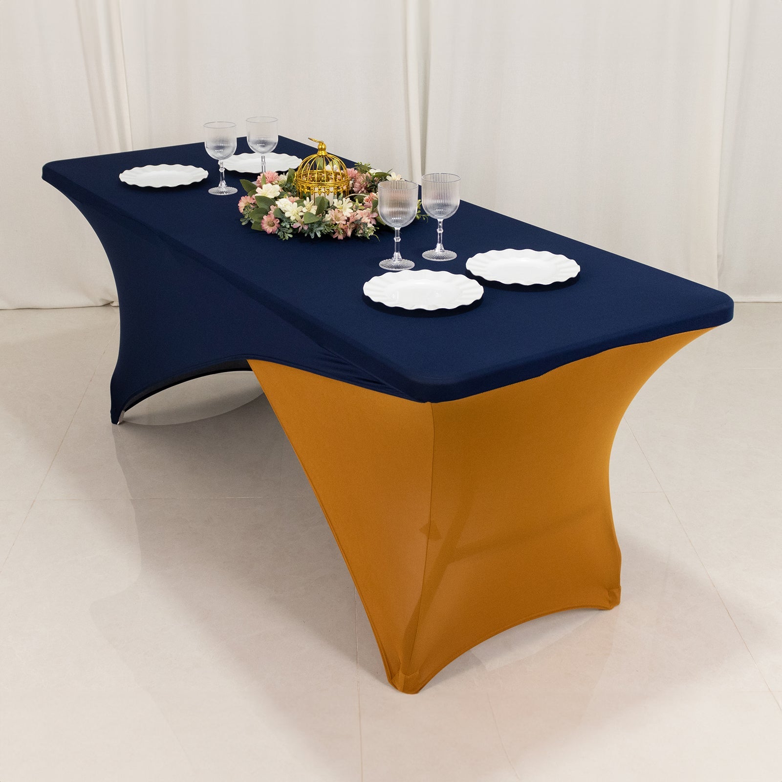 Navy Blue/Gold Stretch Spandex Two-Piece Fitted 72x30 Rectangle Table Cover