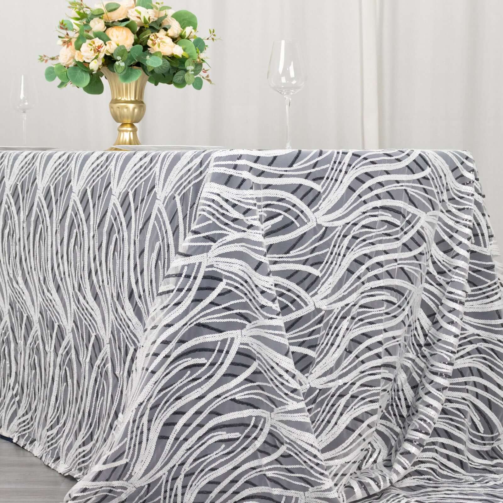 Sparkly Wave Sequin Embroidered White & Black Mesh Rectangle Tablecloth 90x156