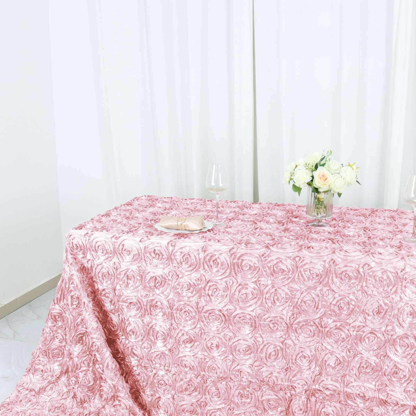 Hot! Blush Satin 90x156 Rectangle 3D Rosette Tablecloth with Seamless Finish