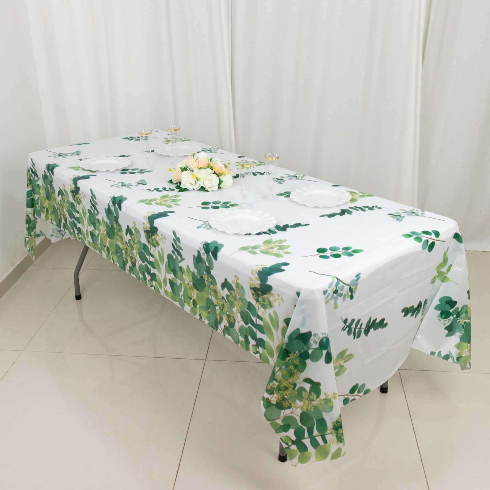 Hot Deal! 5-Pack Disposable PVC Plastic Table Covers in White/Green with Eucalyptus Print, 54x108