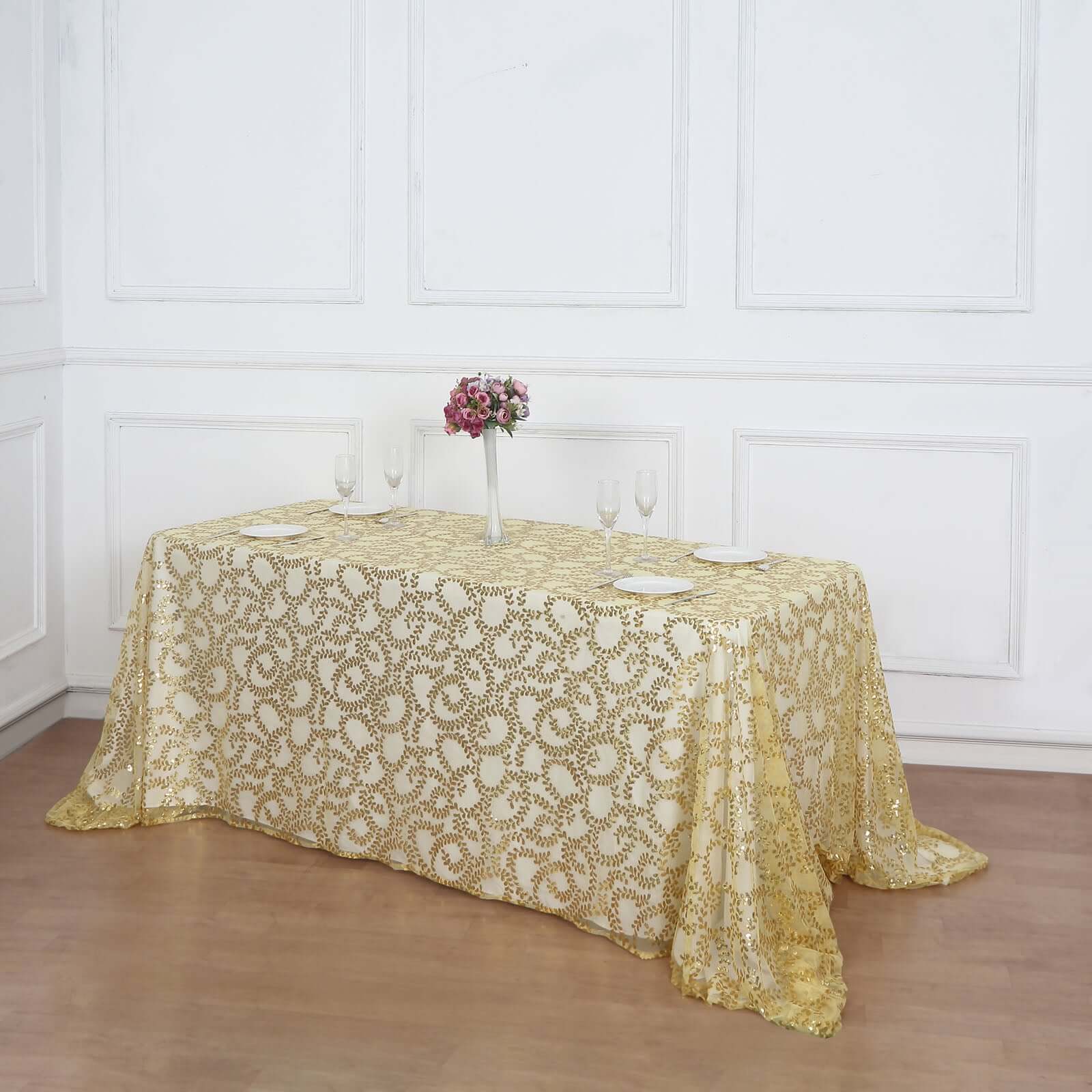 Luxurious Gold Sequin Leaf-Embroidered 90x156 Rectangle Tablecloth for Grand Celebrations
