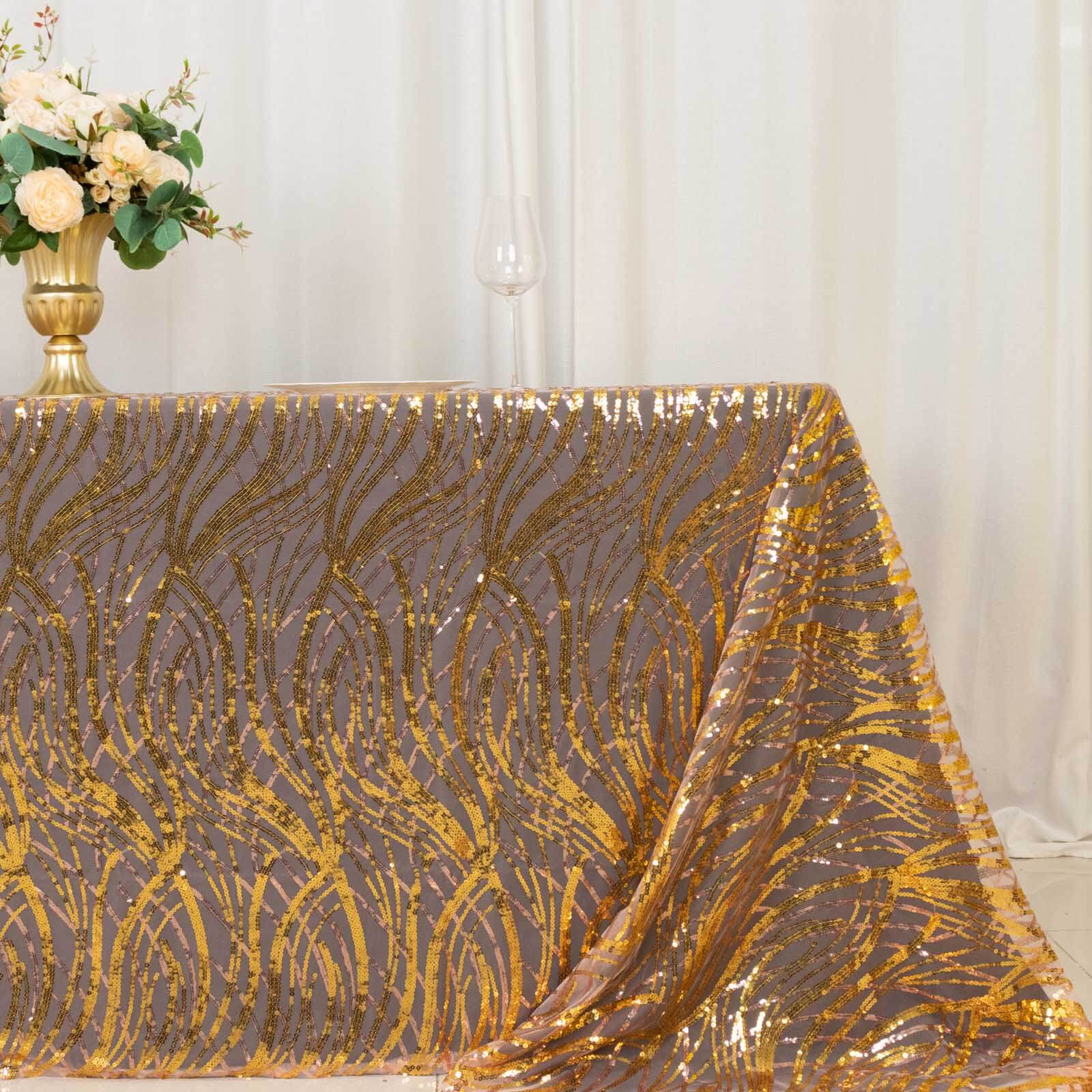 Sparkling Rose Gold/Gold Sequin Embroidered Mesh Rectangle Tablecloth for Special Events