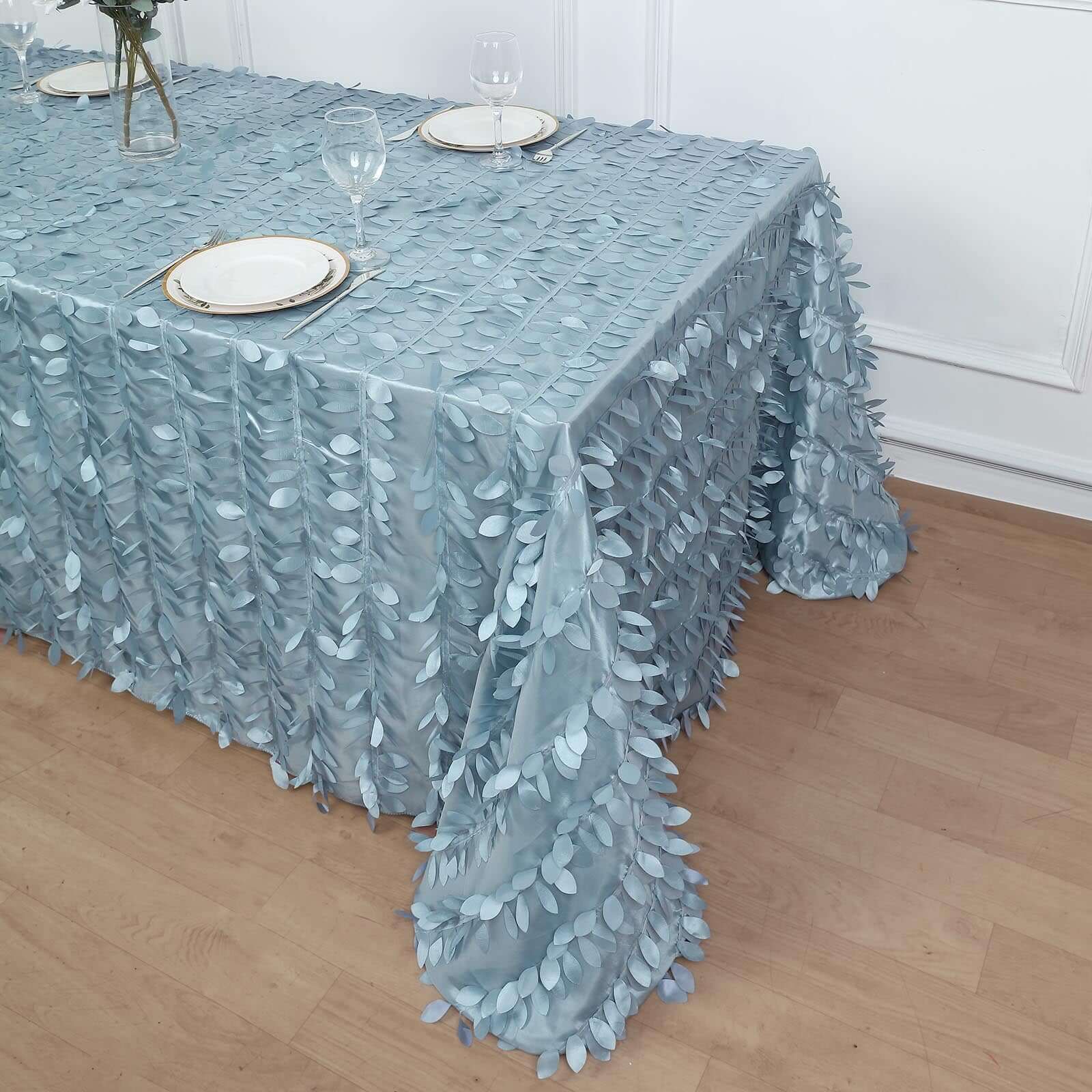 Hot Sale! Dusty Blue Taffeta 90x132 Rectangle Tablecloth with 3D Leaf Petal Design