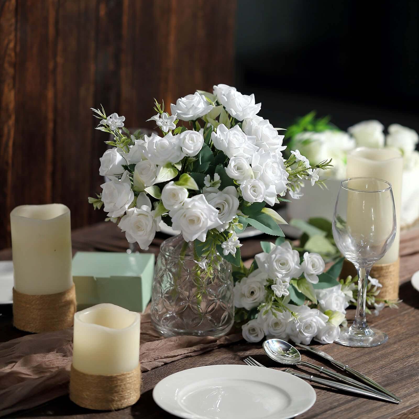 4-Bush Set of 12' White Artificial Silk Rose Flower Bouquet - Ideal for Weddings & Decor