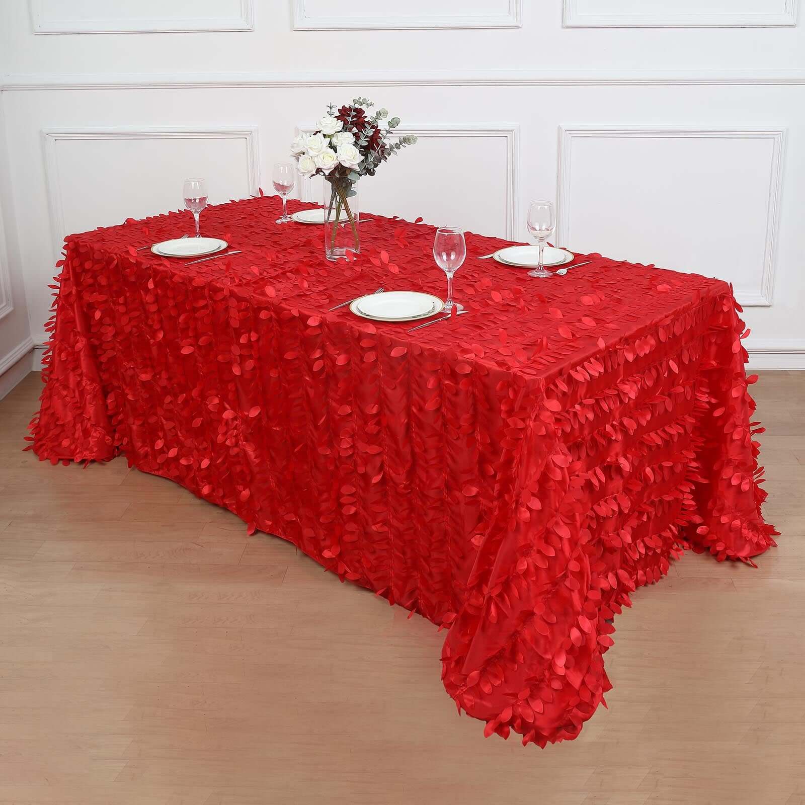 Hot Deal! Red Taffeta Rectangle Tablecloth with 3D Leaf Petal Design, 90x132