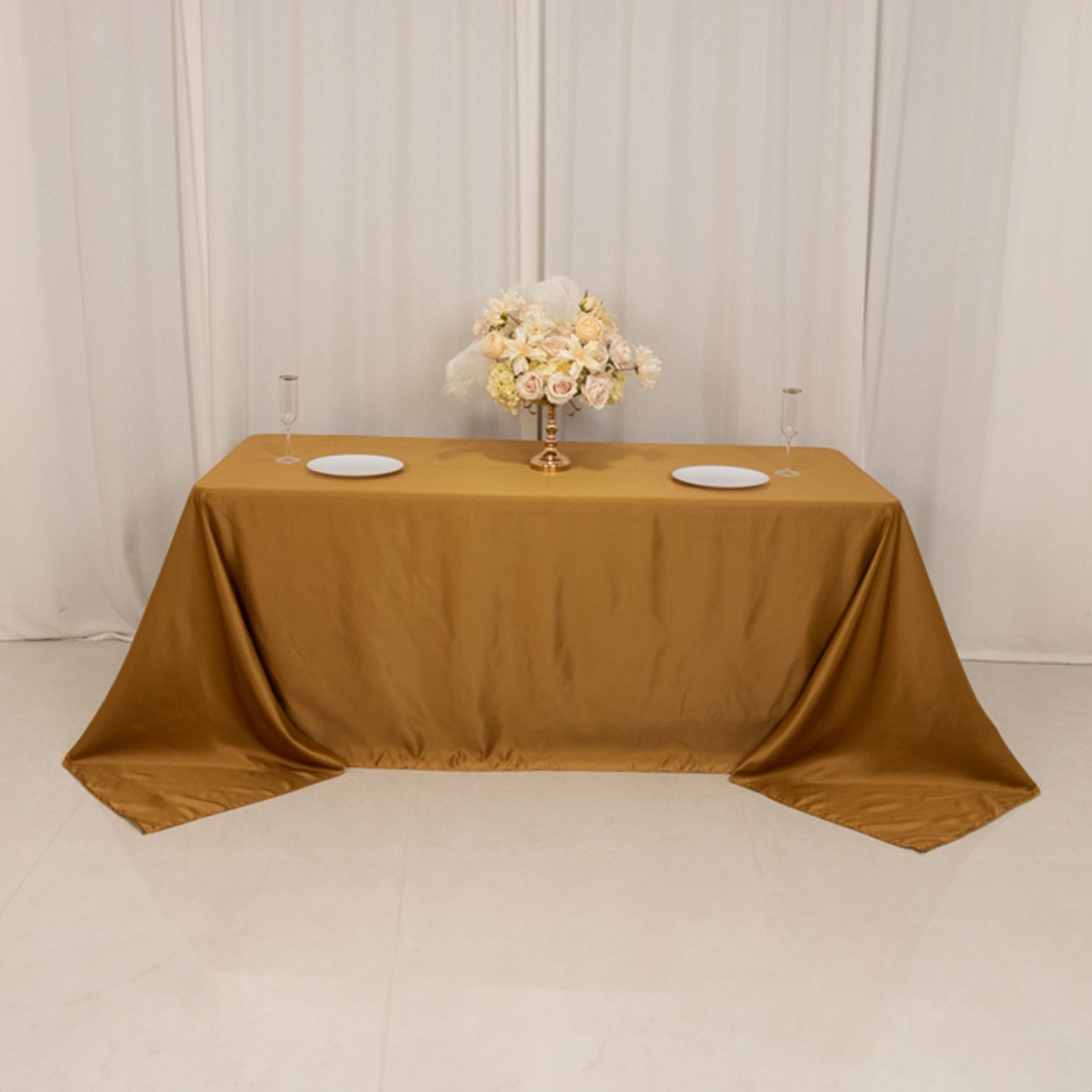 Luxurious Gold Lamour Satin 90x132 Rectangle Seamless Tablecloth for Weddings and Parties