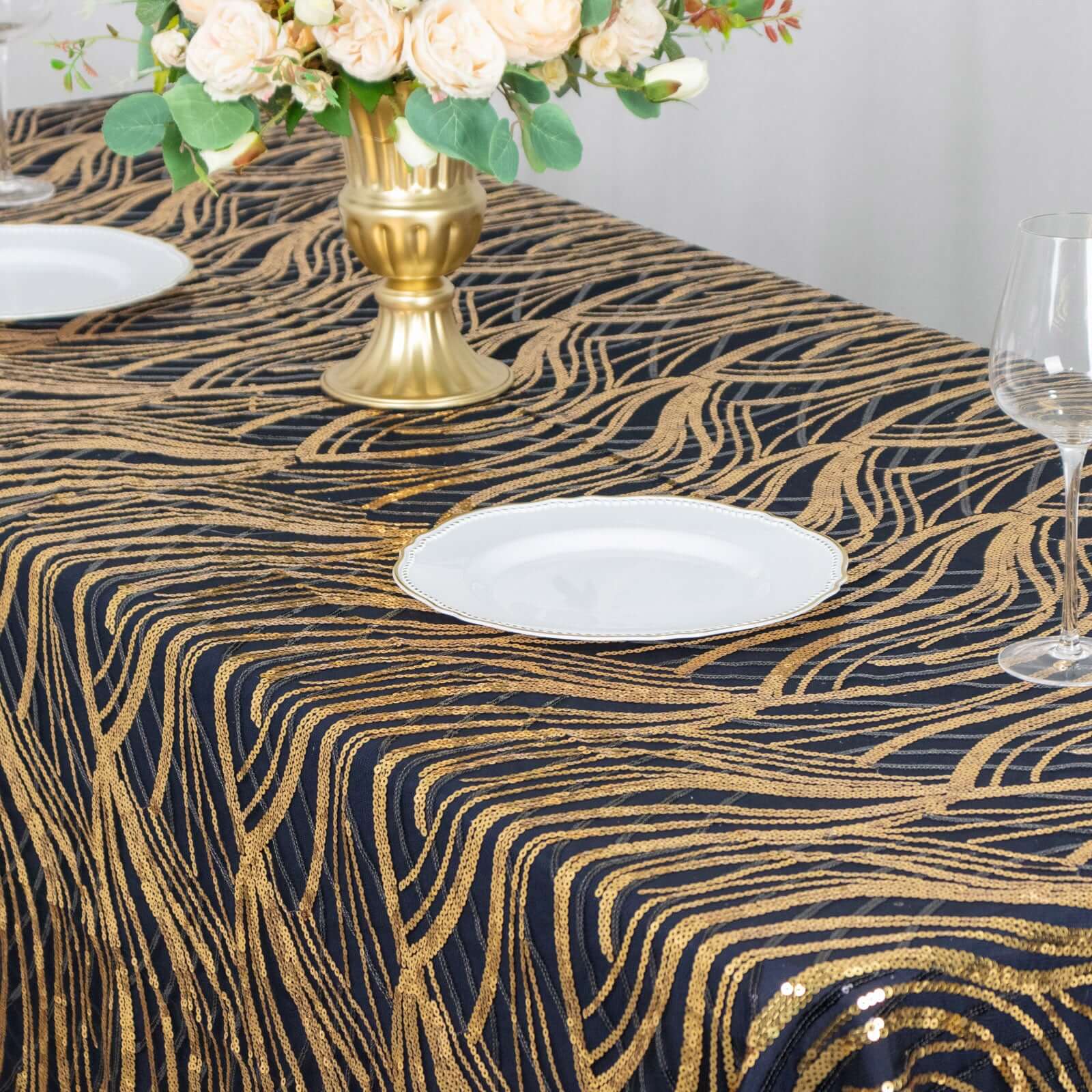 Black/Gold Sparkly Wave Sequin Embroidered Mesh Rectangle Tablecloth 90x156