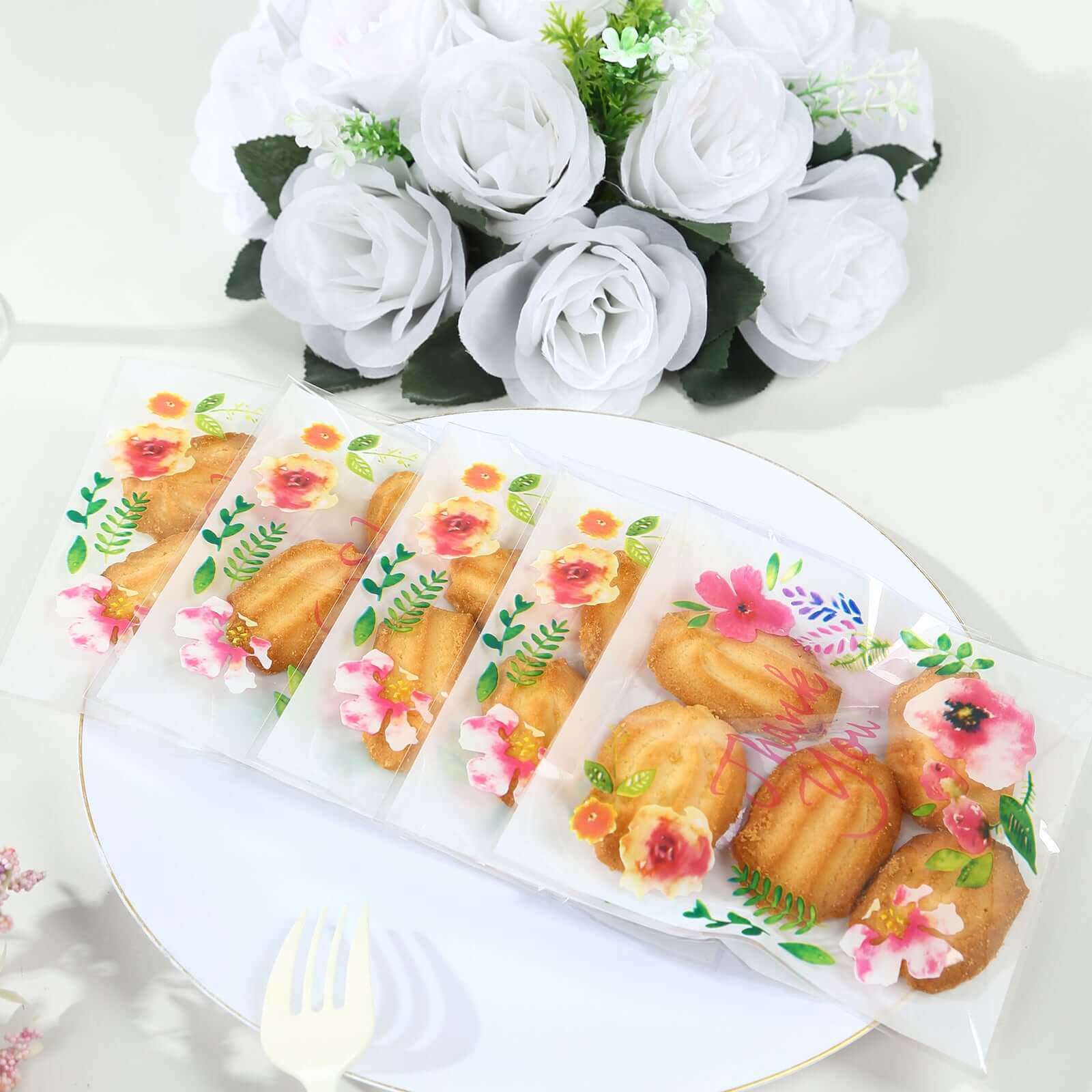 100-Pack White/Clear PVC Decorative Self-Adhesive Cookie Candy Bags - Ideal for Weddings, Birthdays & Parties