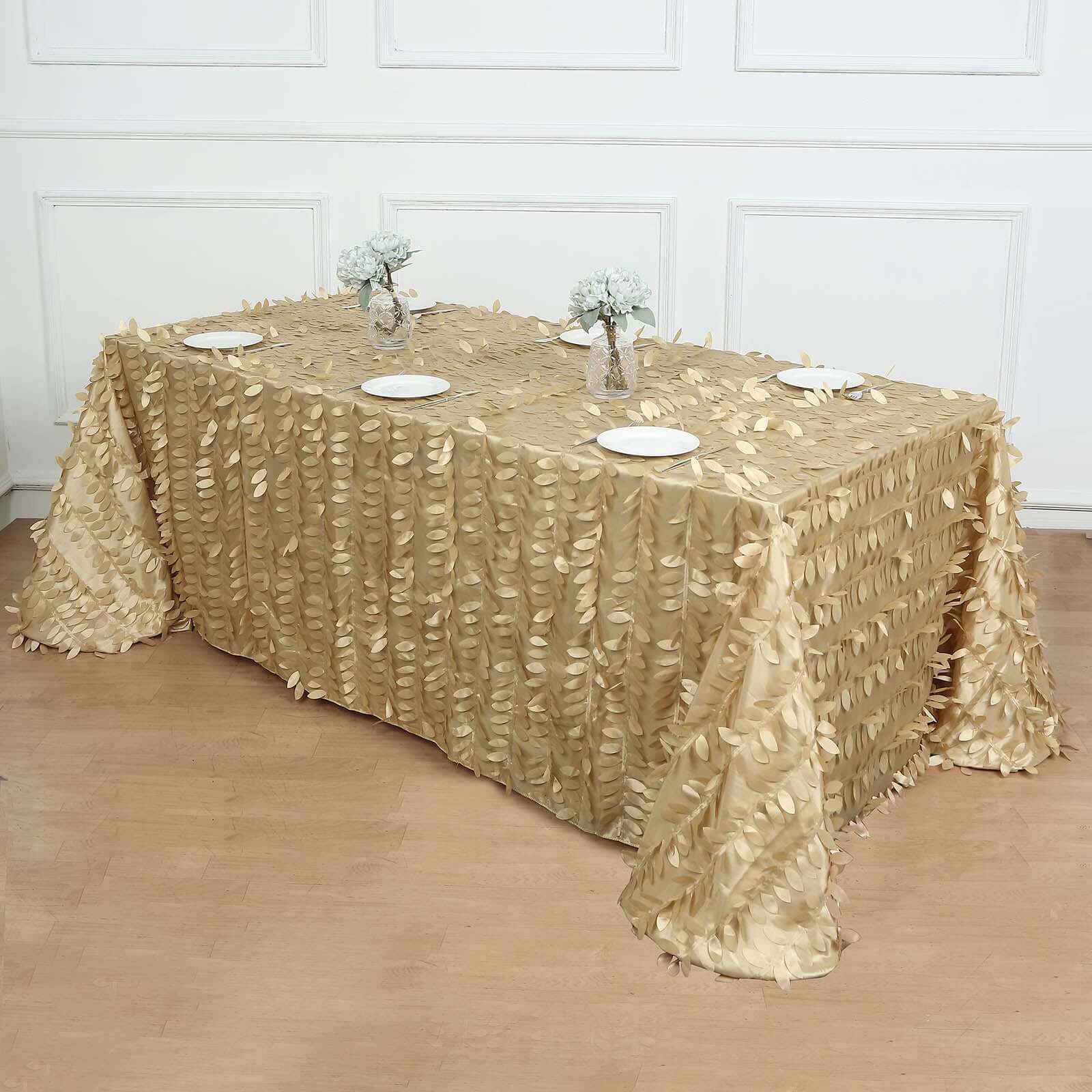 Champagne Taffeta Rectangle Tablecloth with 3D Leaf Petal Design - Perfect for Events!