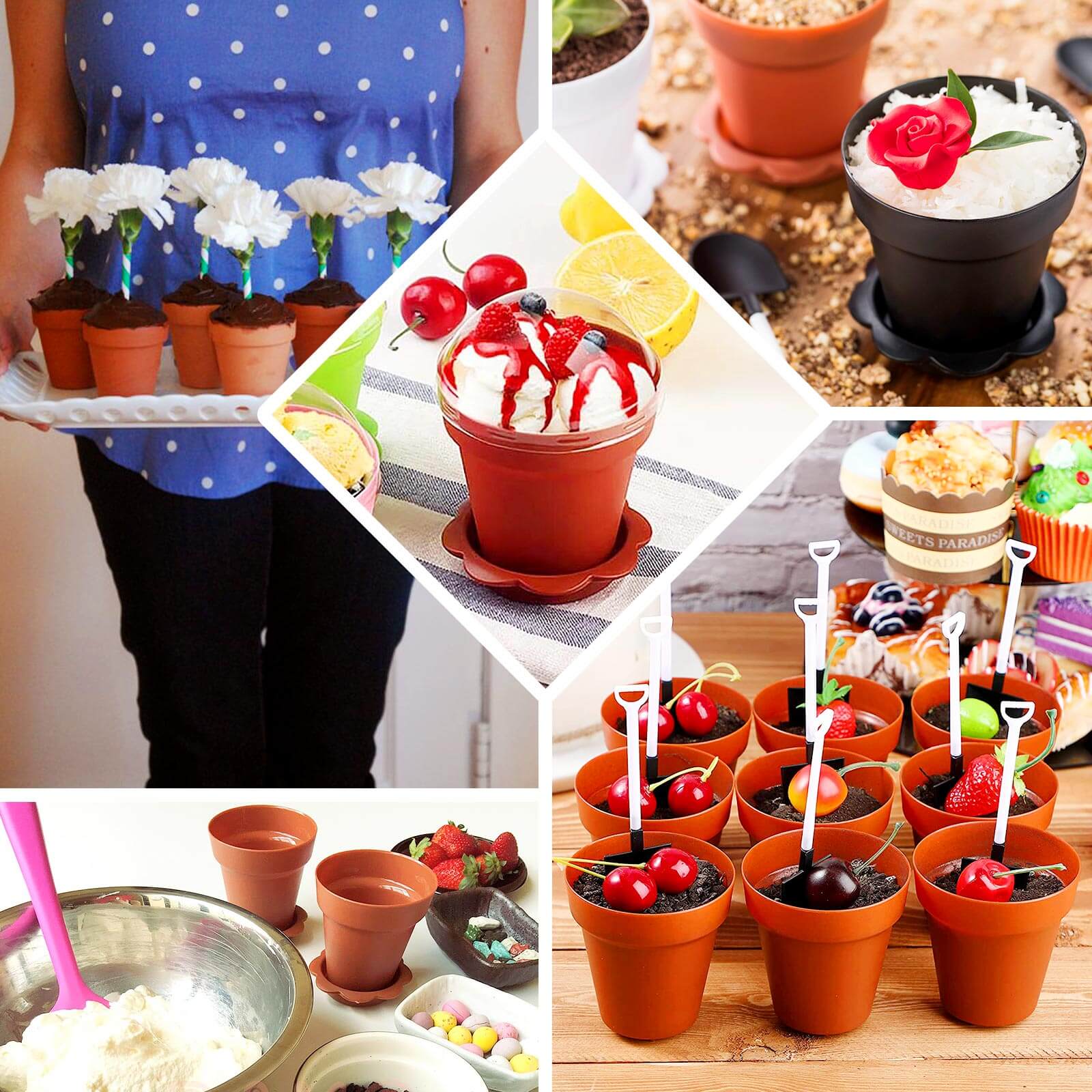 12-Pack Black Plastic Dessert Cups with Succulent Planter Design, Lids & Shovels