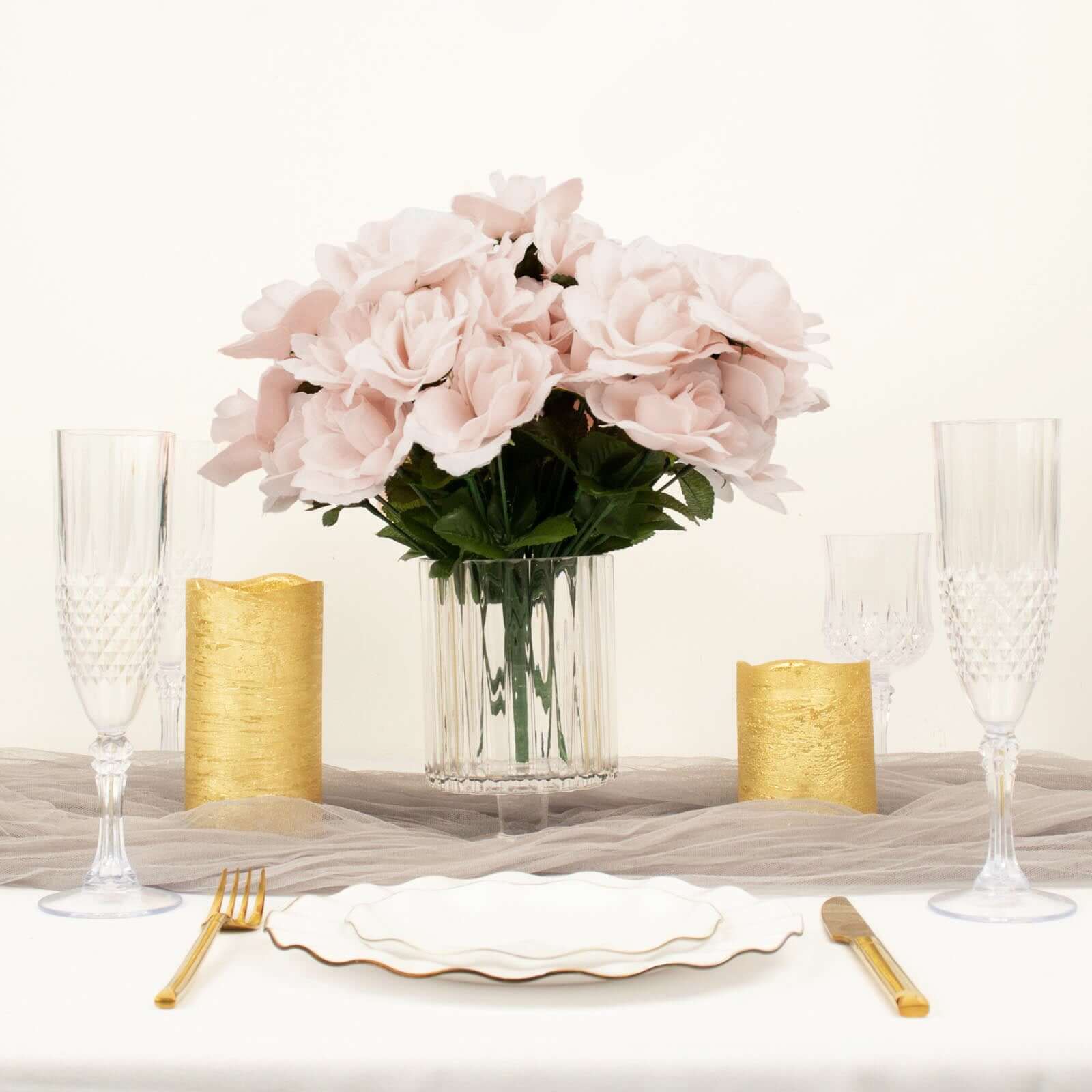 12 Bushes of Premium Blush Artificial Silk Rose Flowers, 84 Roses in Total