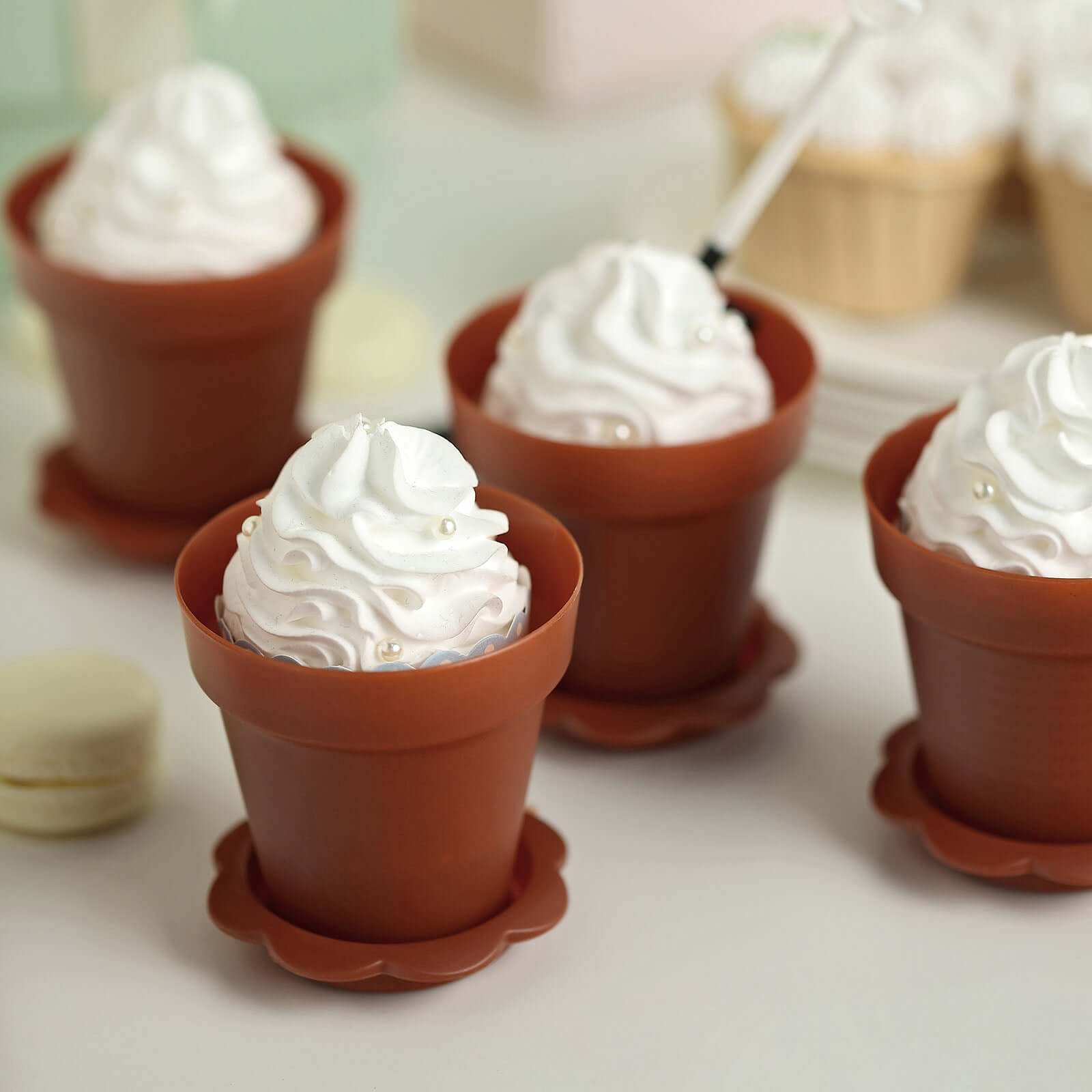 12-Pack Plastic Dessert Cups with Lids and Shovels in Terracotta (Rust) Succulent Planter Design