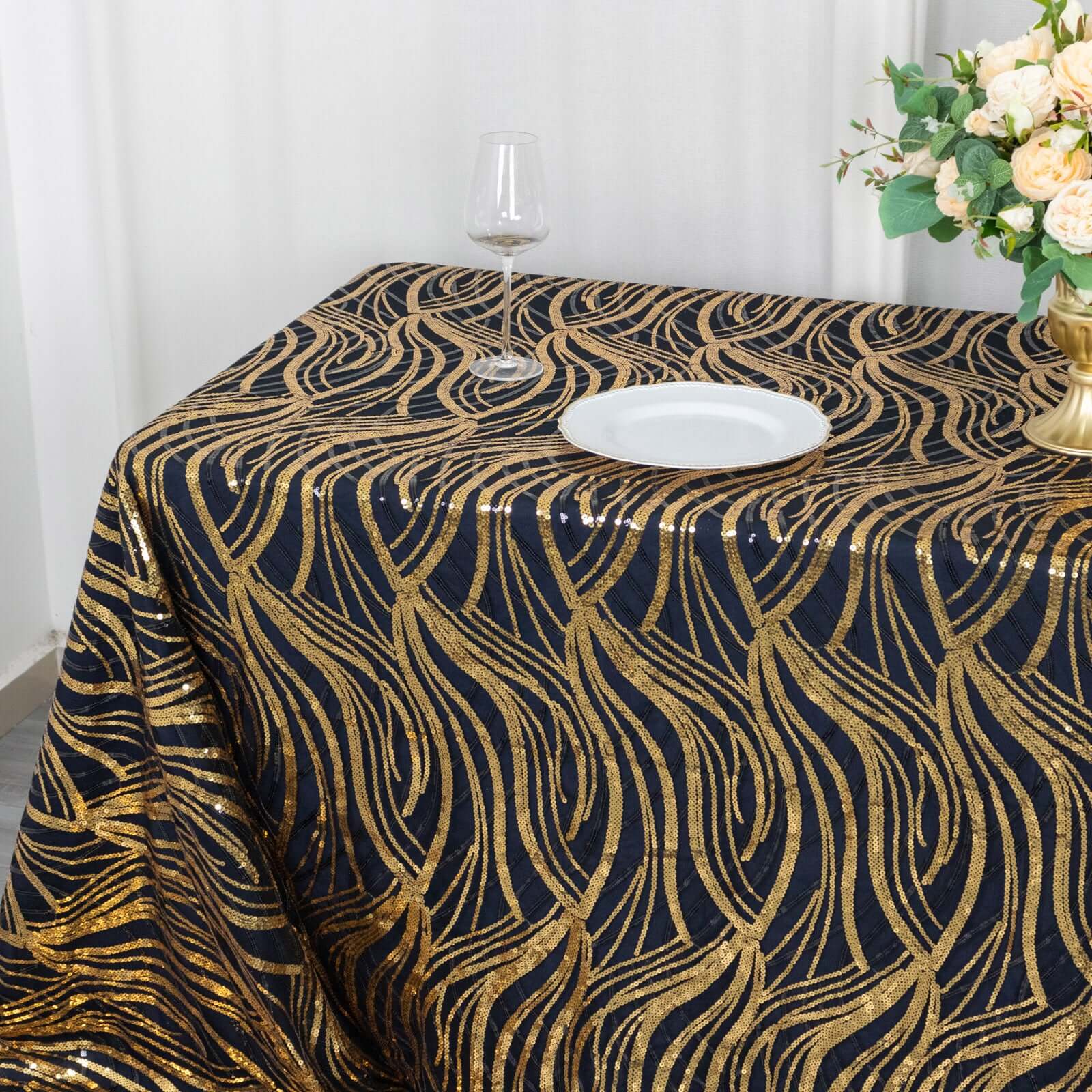 Black/Gold Sparkly Wave Sequin Embroidered Mesh Rectangle Tablecloth 90x156