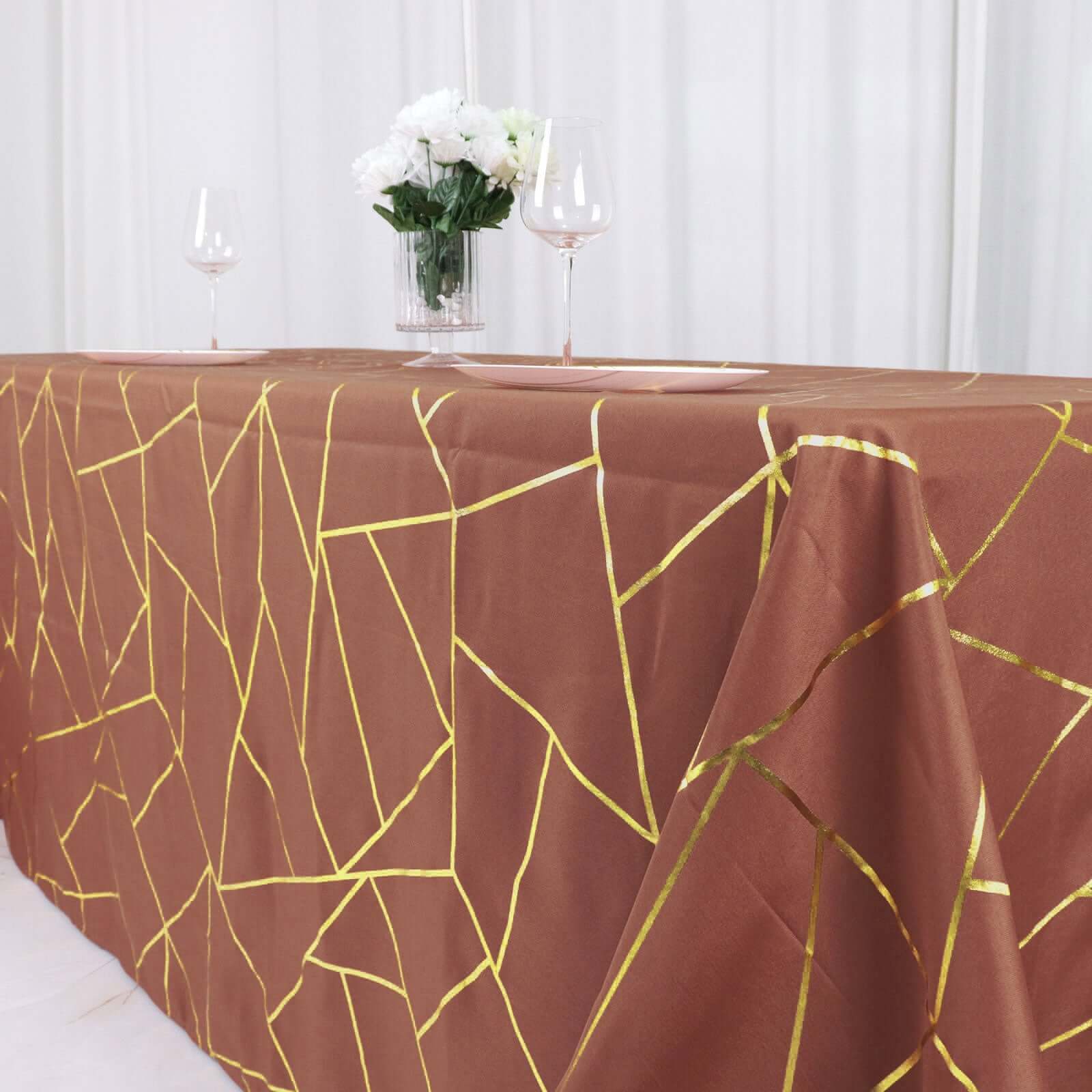 Wrinkle-Resistant Seamless Polyester Tablecloth: Terracotta with Gold Foil Geometric Pattern (90x132) - Ideal for Events
