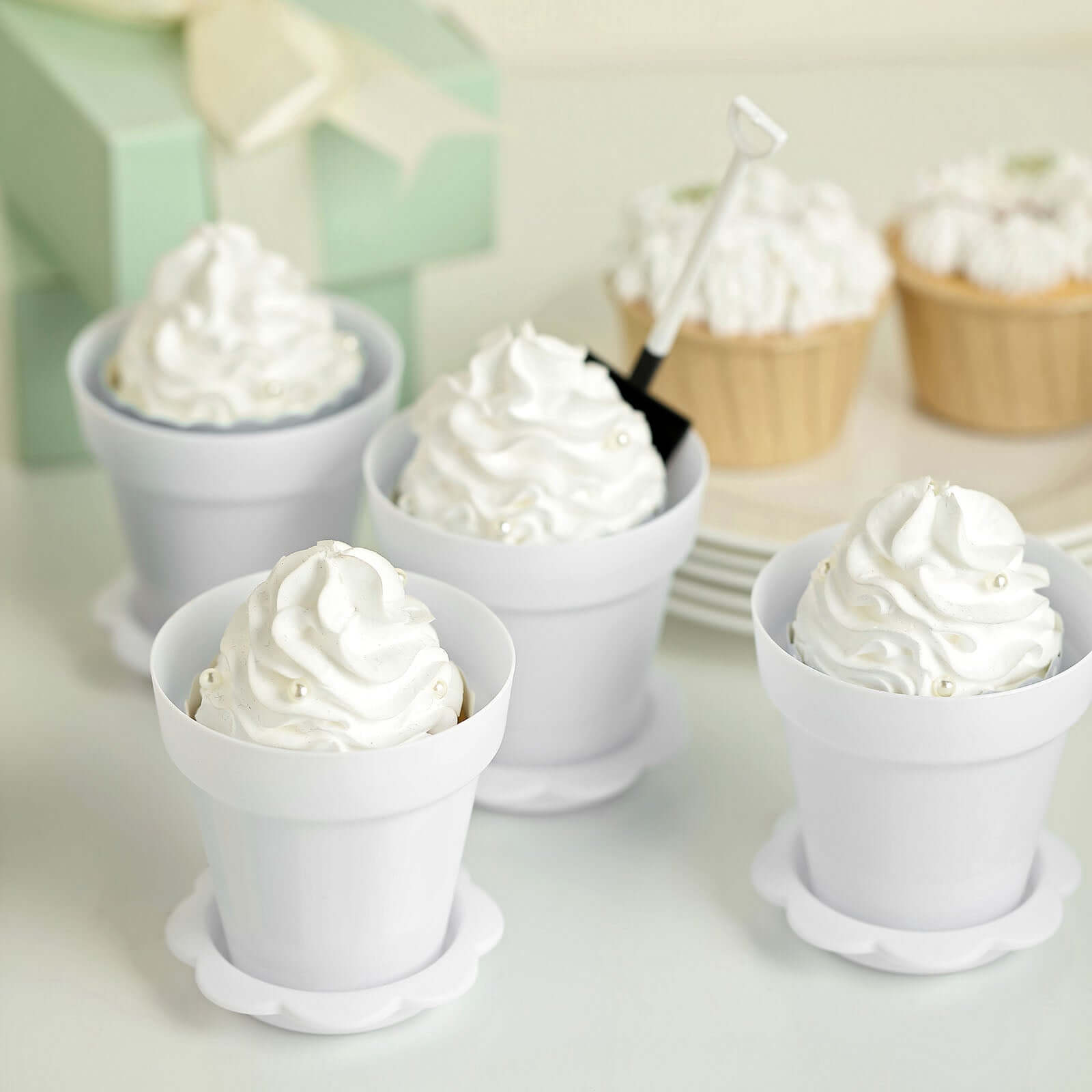 12-Piece White Plastic Dessert Cups with Succulent Planter Design, Lids and Shovels