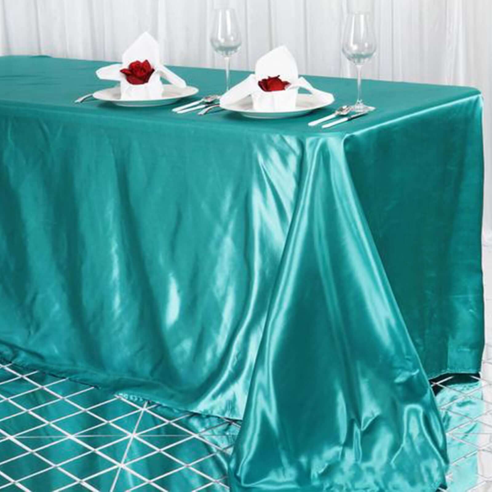 Exclusive Turquoise Satin Seamless Rectangular 90x156 Tablecloth for Special Events