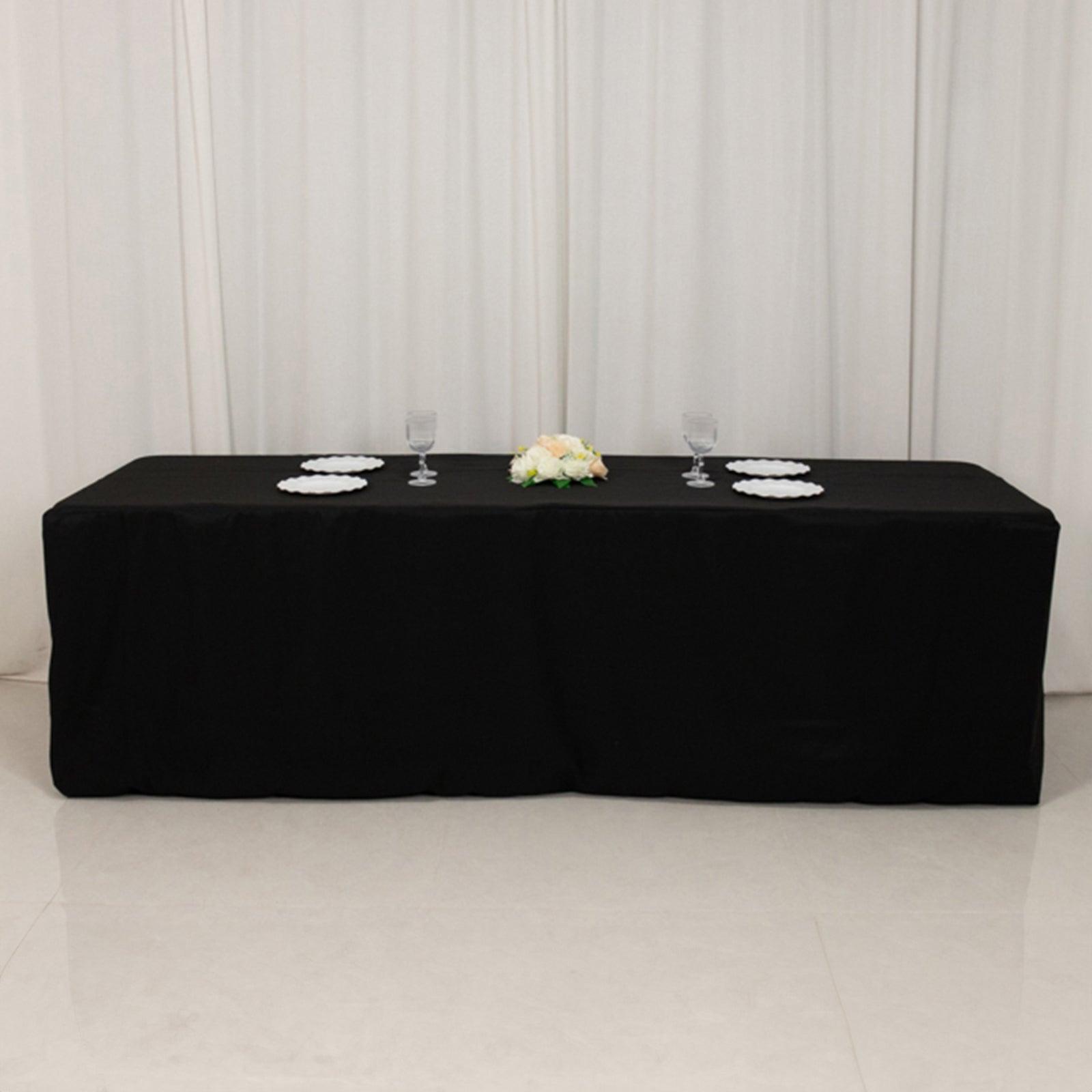 Black Fitted 8ft Rectangular Fire Retardant Premium Polyester Tablecloth - High-Performance Cover