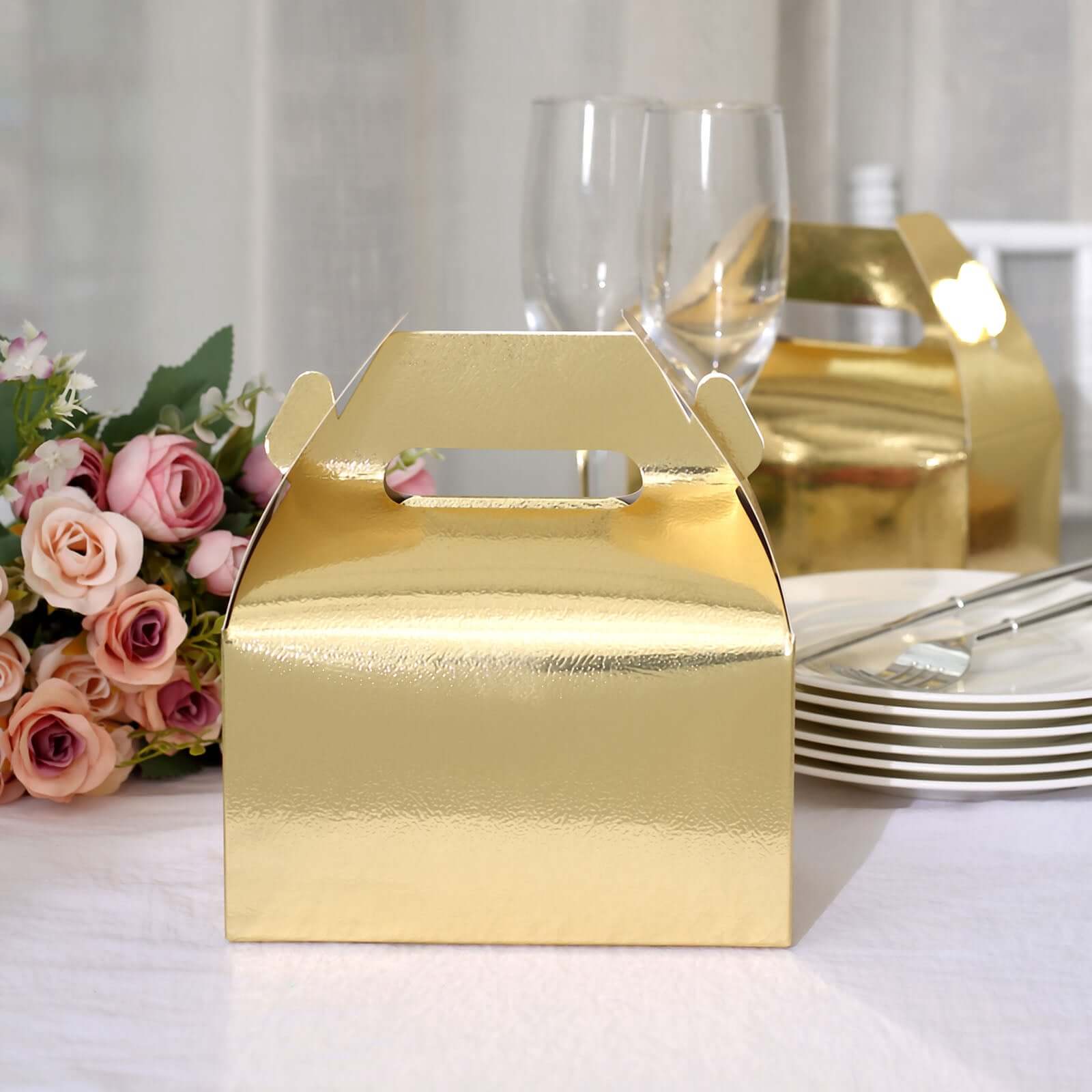 25-Pack Metallic Gold Party Favor Gable Tote Boxes for Candy Gifts, 6x3.5x7