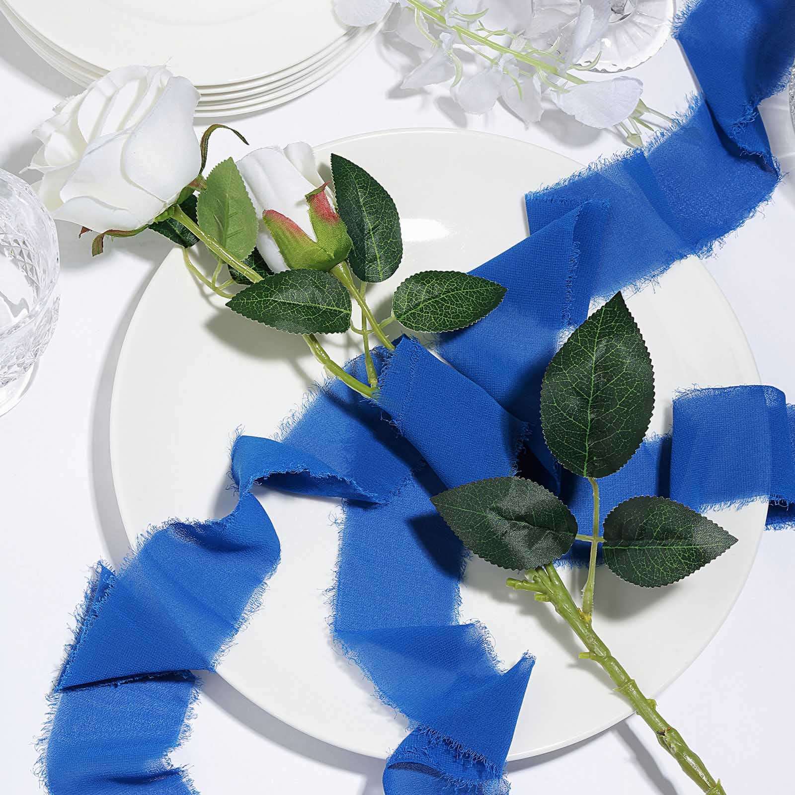 Hot Deal! 2-Pack Royal Blue Silk-Like Chiffon Linen Ribbon Rolls for Bouquets, Wedding Gifts