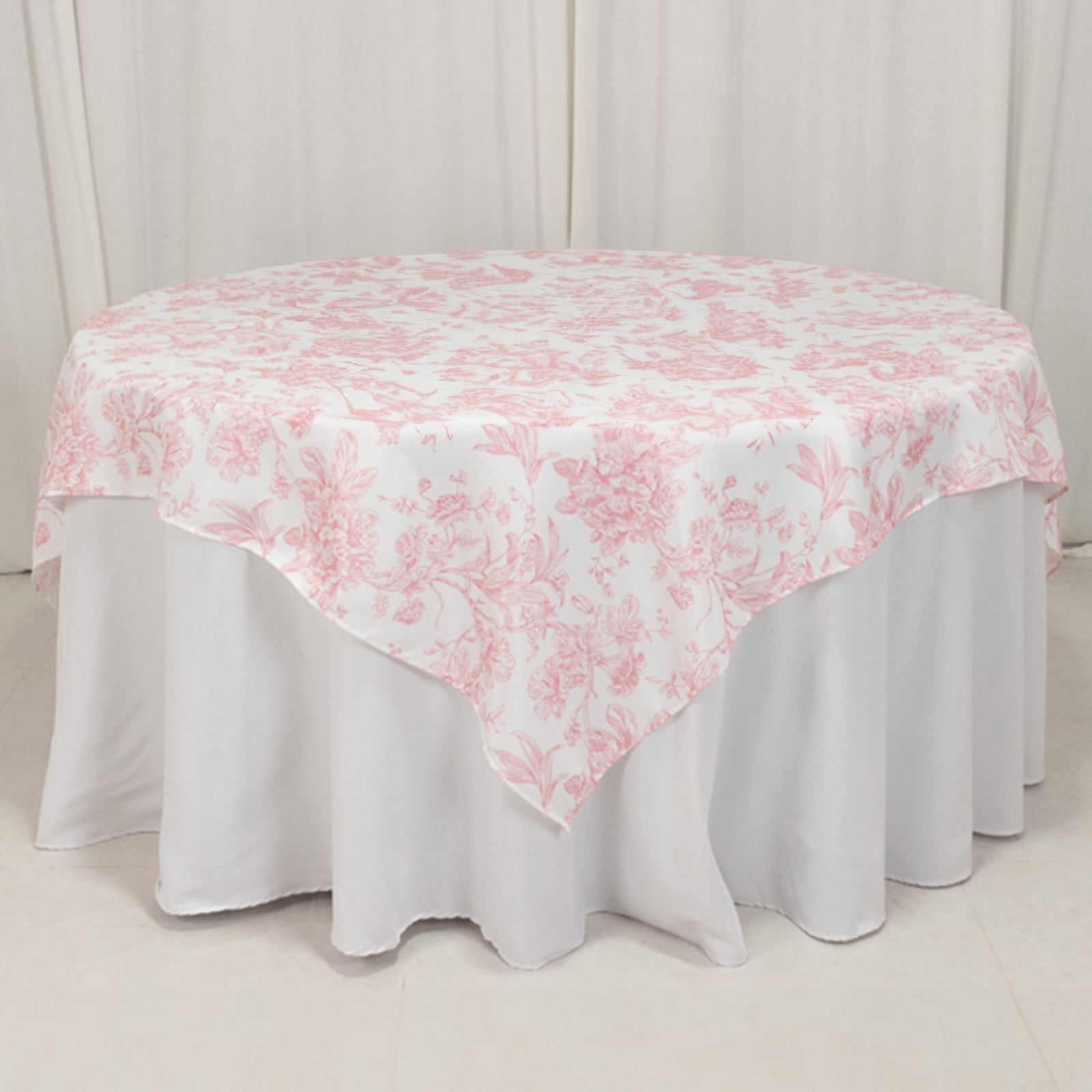 Exclusive Polyester 70x70 Square Table Overlay in White - Pink French Toile Pattern for Elegant Gatherings