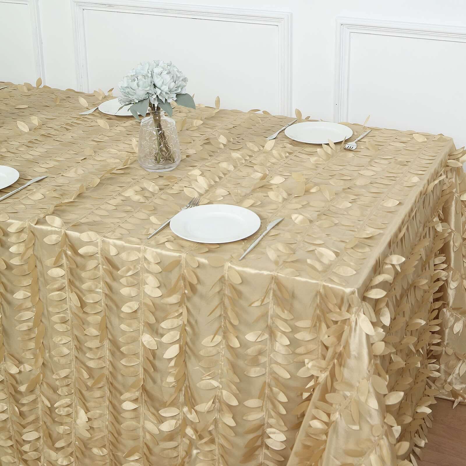 Champagne Taffeta Rectangle Tablecloth with 3D Leaf Petal Design - Perfect for Events!