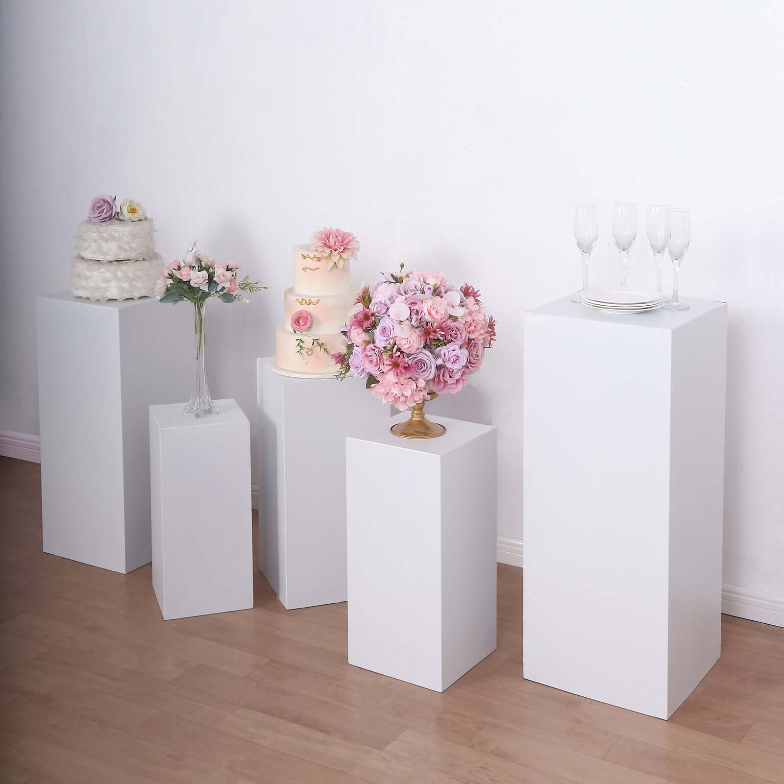 Set of 5 White Rectangular Metal Pedestal Stands for Backdrop Decor
