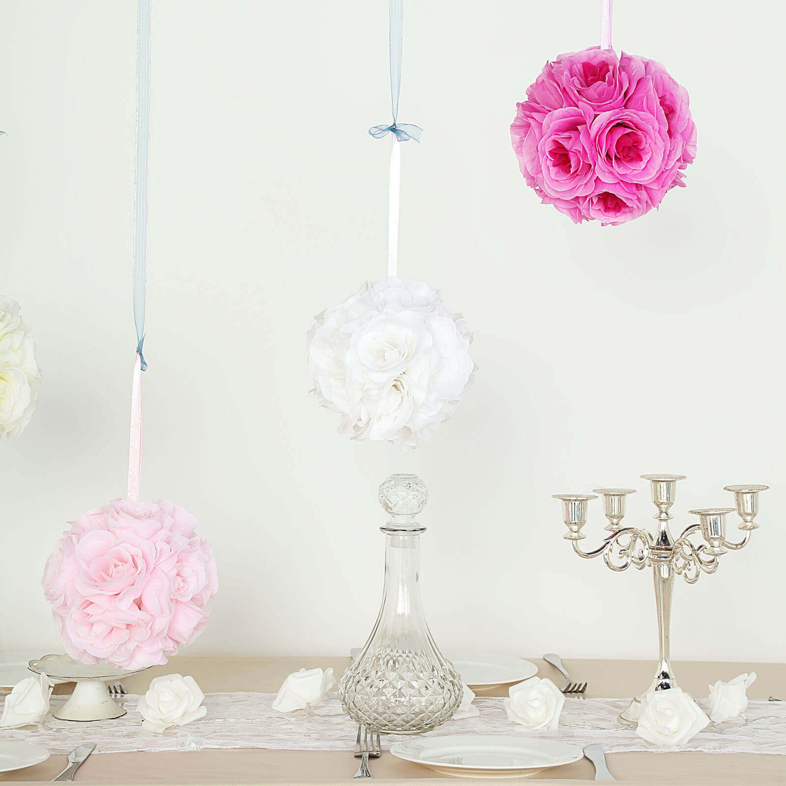 2-Pack Set of 7-Inch White Artificial Silk Rose Kissing Faux Flower Balls