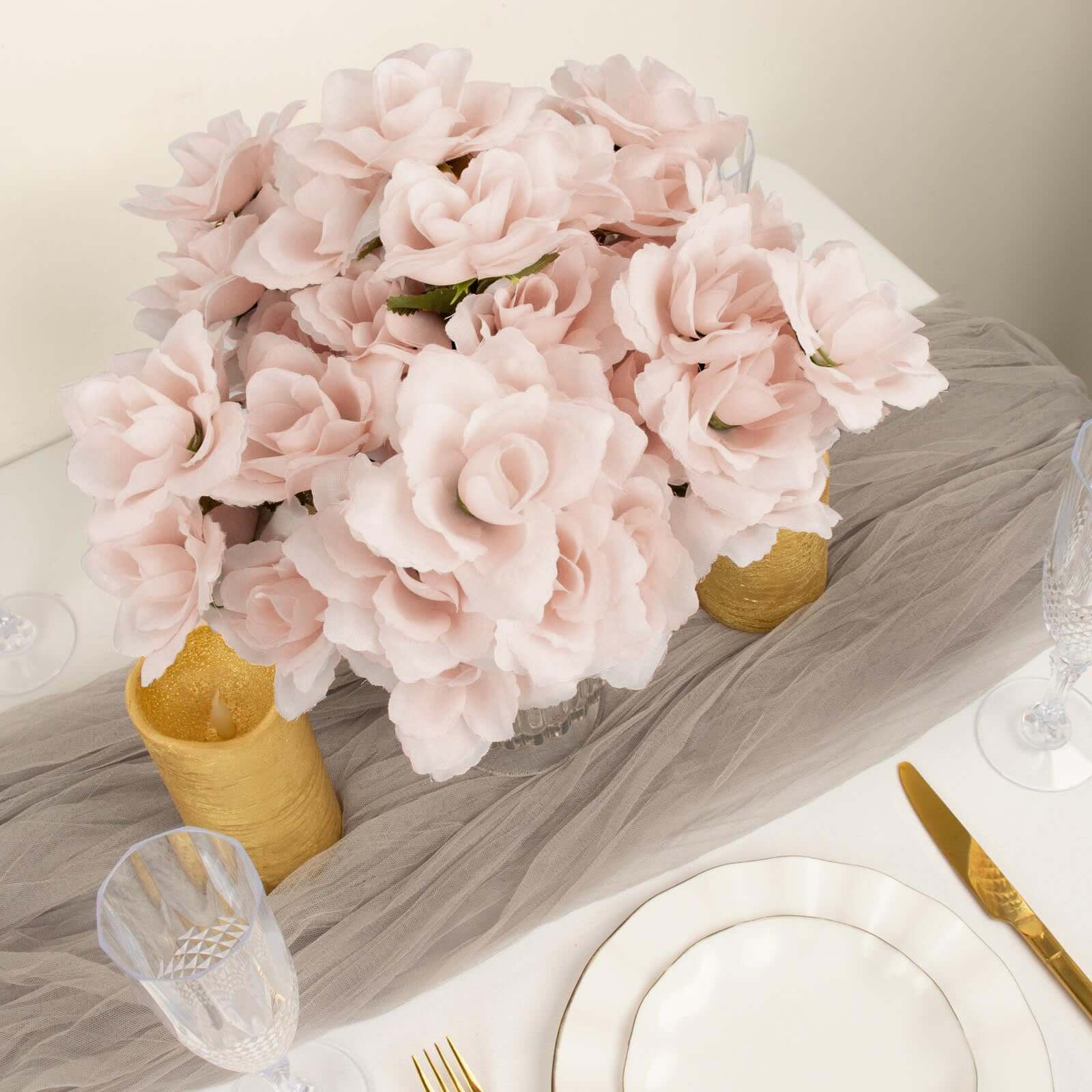 12 Bushes of Premium Blush Artificial Silk Rose Flowers, 84 Roses in Total