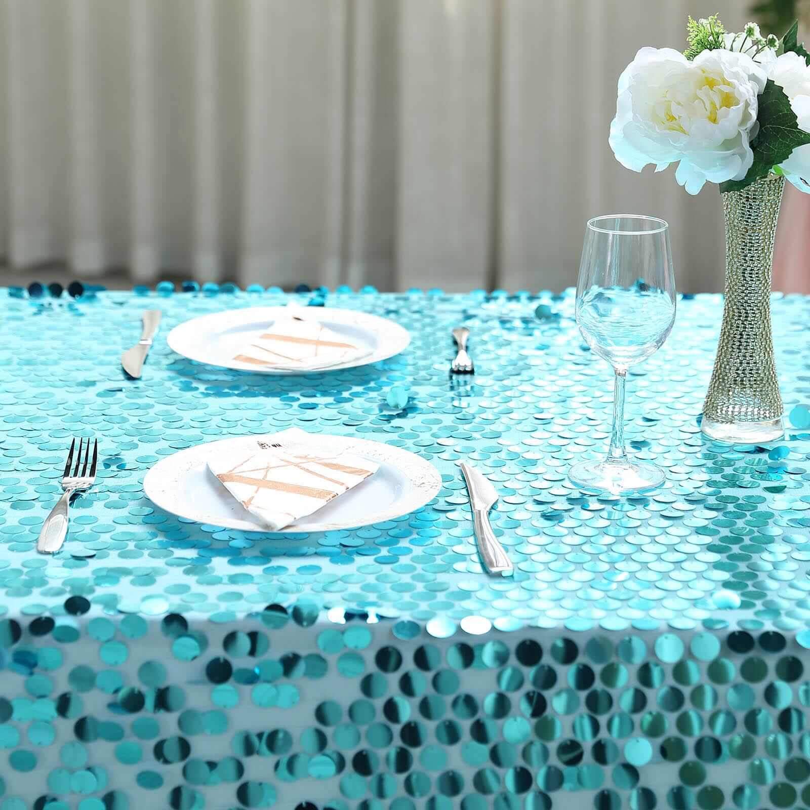 Turquoise Seamless 90x132 Rectangle Sequin Tablecloth for Big Payette Tables