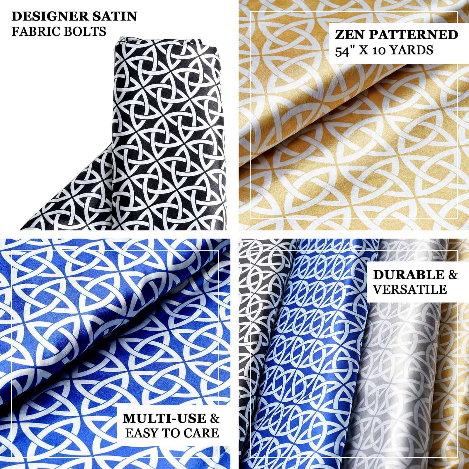54-Inch Wide, 10-Yard Champagne Zen Pattern Satin Fabric Bolt for DIY Crafts