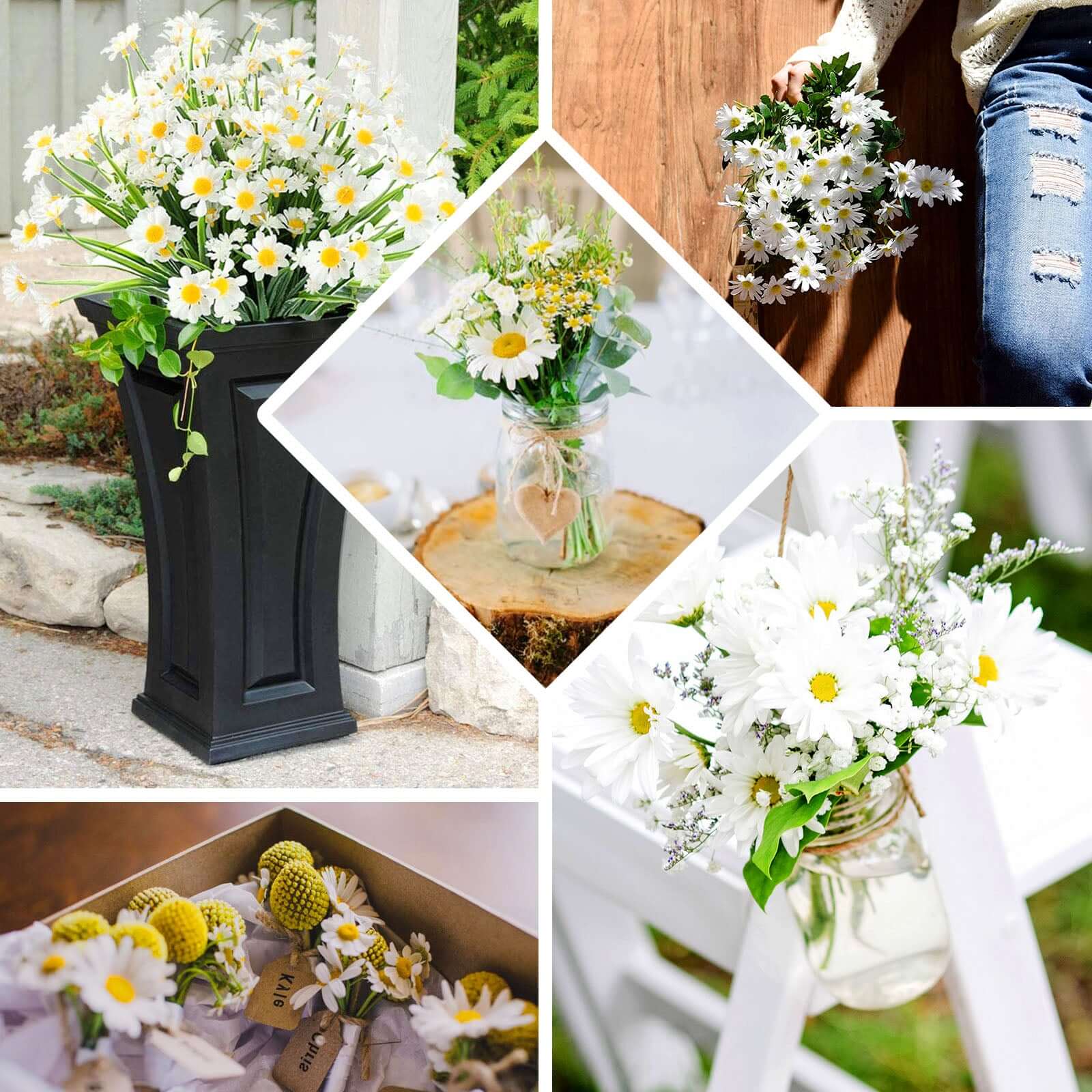 6-Bush White Artificial Silk Daisy Flower Stem Bouquet for Decor
