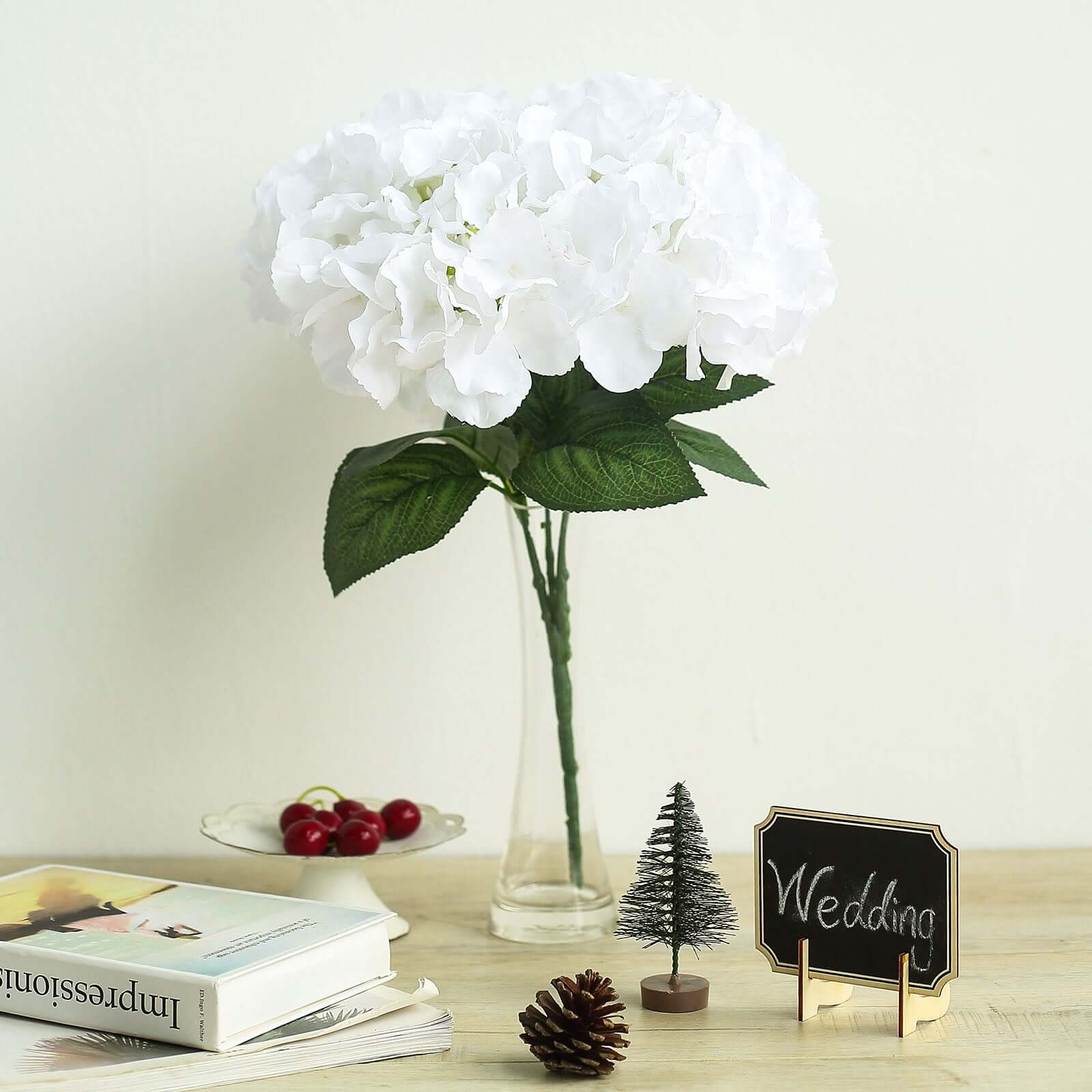 Set of 5 White Artificial Silk Hydrangea Flower Bushes for Decor