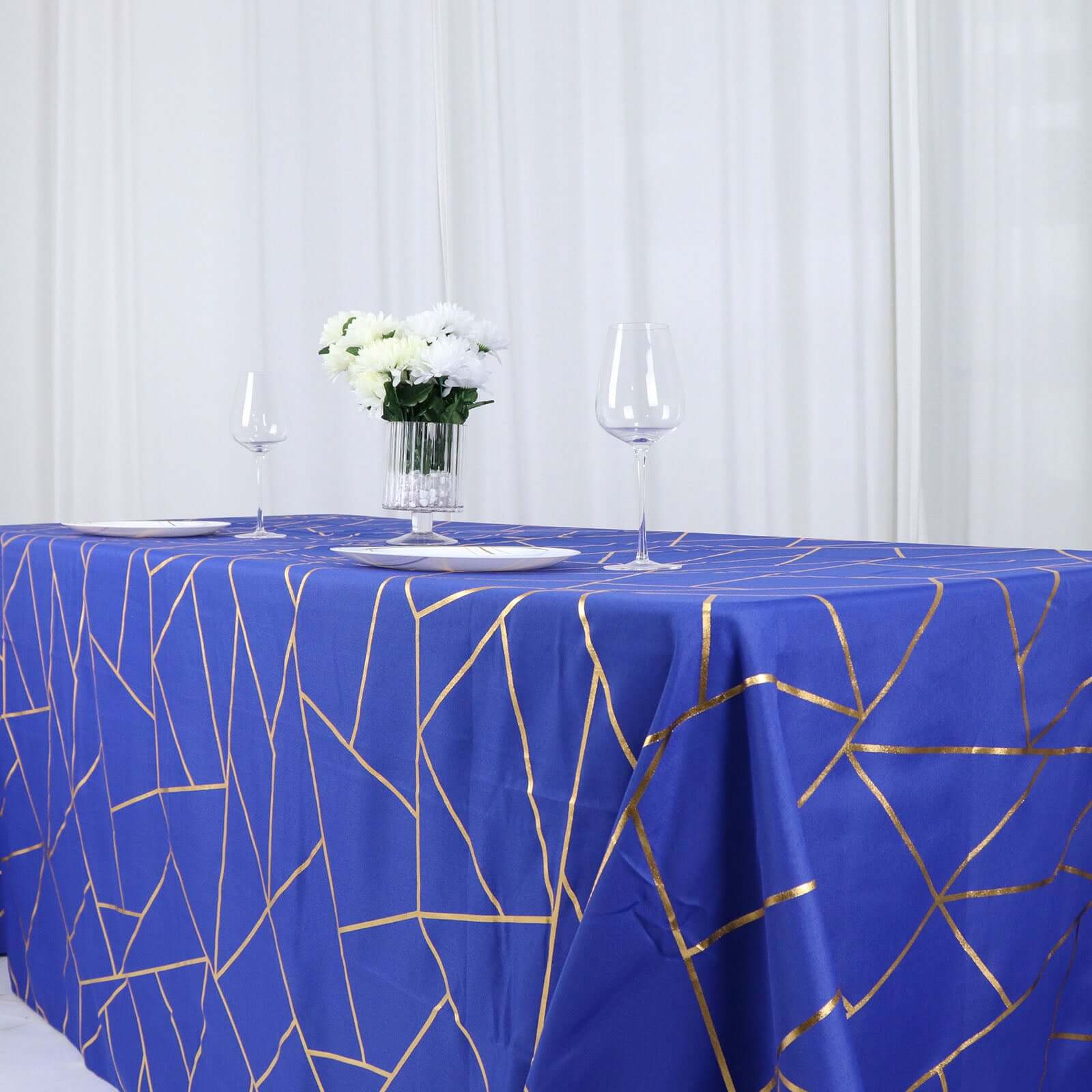 Royal Blue Polyester Tablecloth with Gold Foil Geometric Pattern - Wrinkle-Resistant for Events
