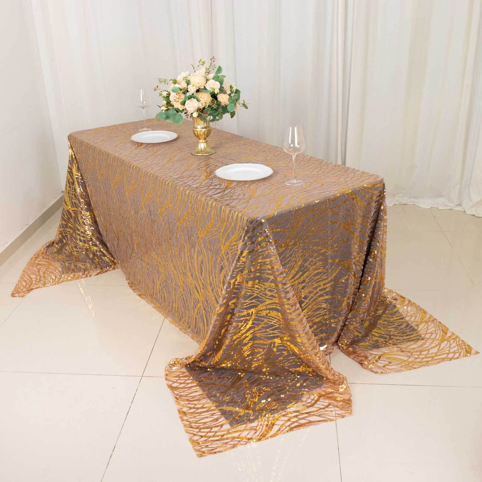Sparkling Rose Gold/Gold Sequin Embroidered Mesh Rectangle Tablecloth for Special Events
