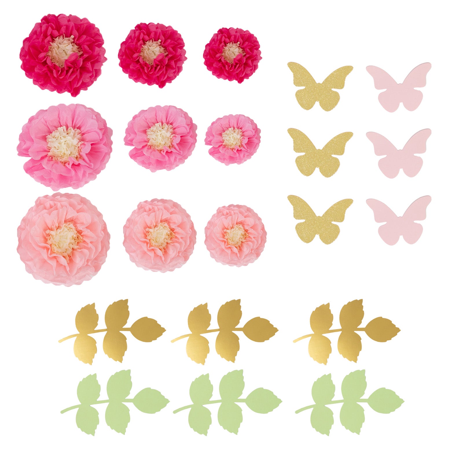 Hot Sale! Set of 21 Tissue Paper Chrysanthemum Pom Poms Decor Kit in Blush Pink with Butterflies & Olive Leaves