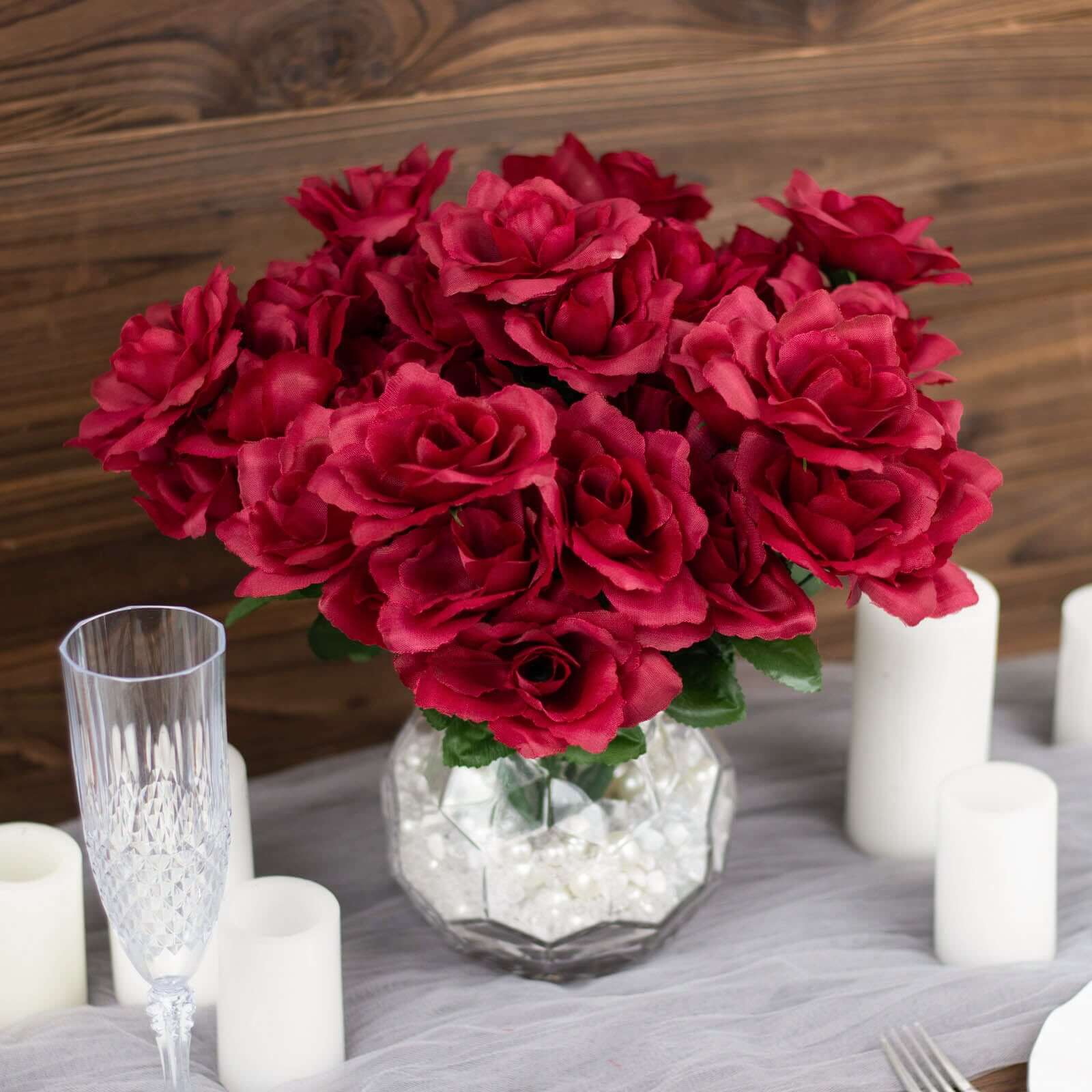 12 Bushes of Premium Burgundy Artificial Silk Rose Flowers, 84 Roses in Total