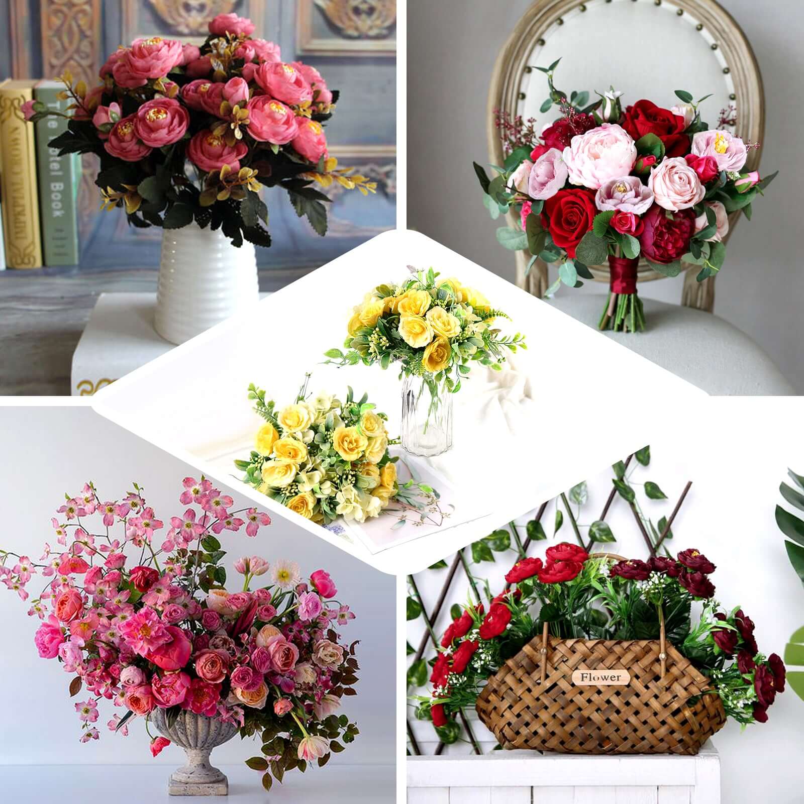 Amazing Deal! 4-Bush White Artificial Silk Peony Flower Bouquet for Stunning Decor