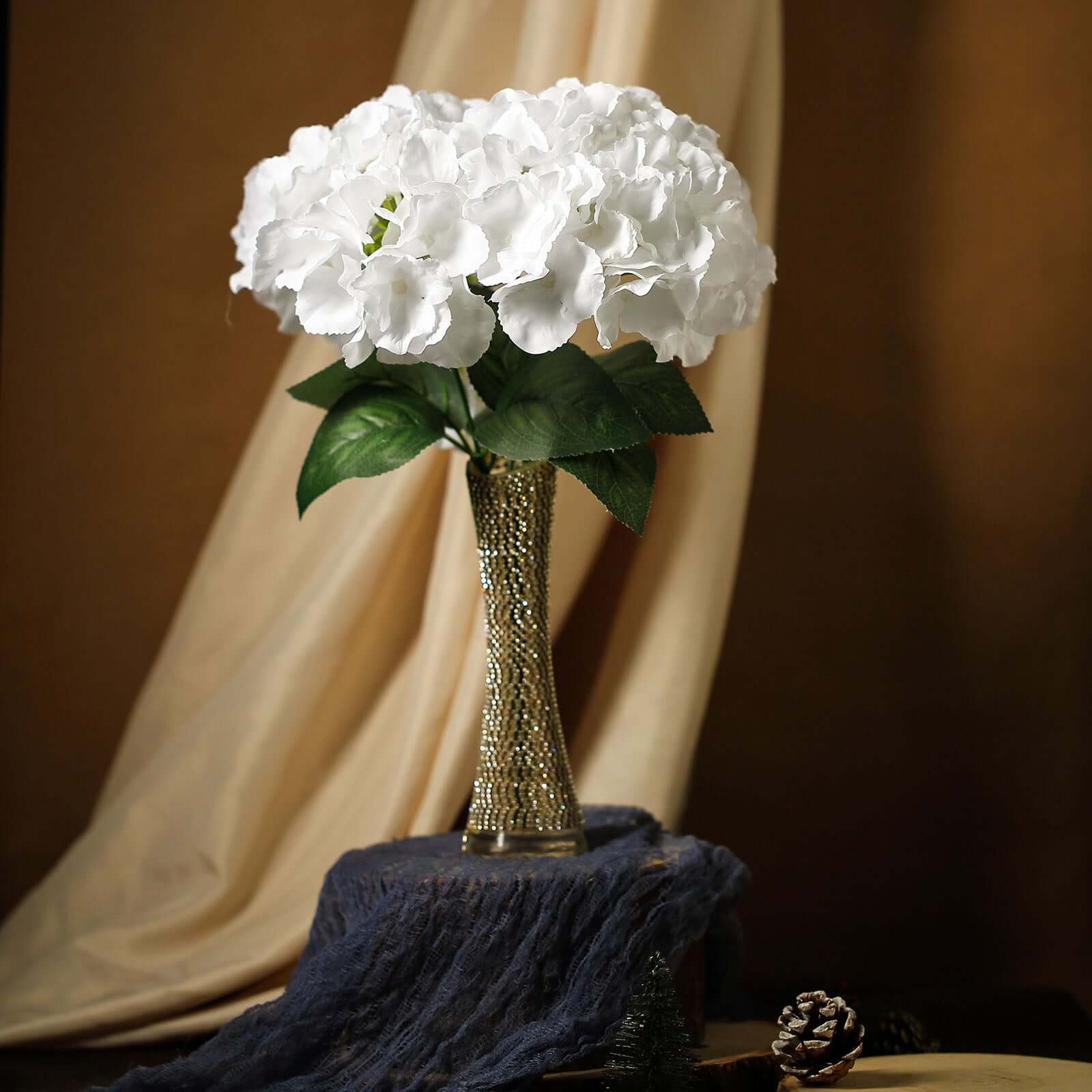 Set of 5 White Artificial Silk Hydrangea Flower Bushes for Decor