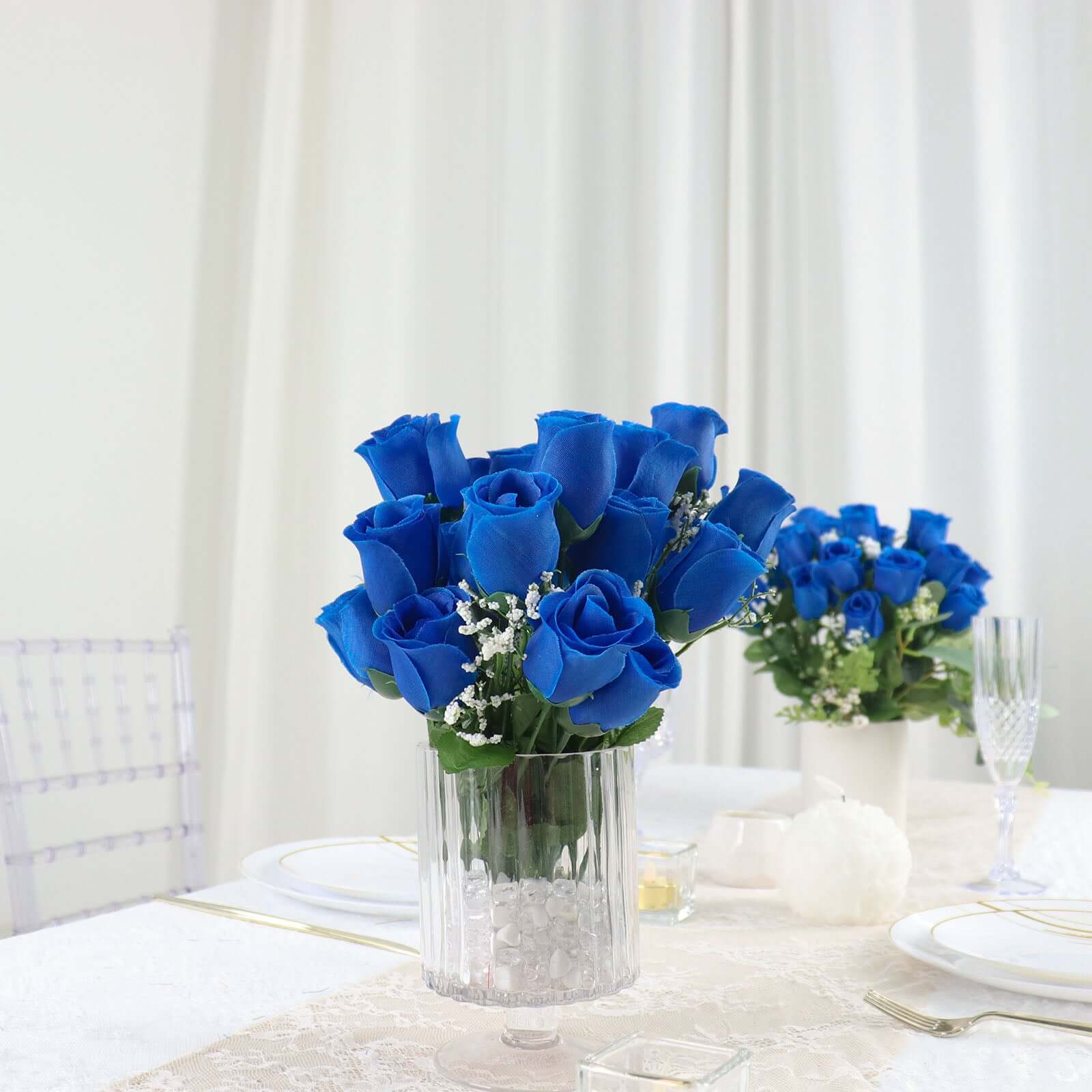 12 Bushes of Premium Royal Blue Artificial Silk Rose Bud Bouquets