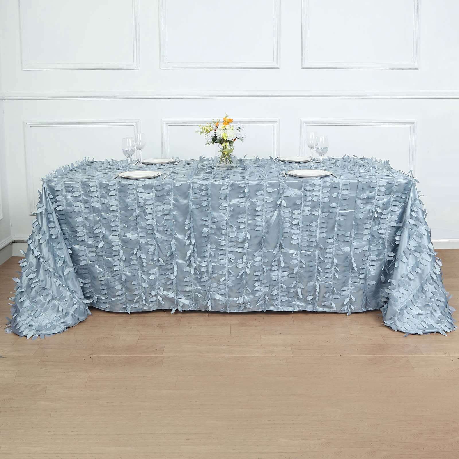 Exclusive Dusty Blue Taffeta Rectangle Tablecloth with 3D Leaf Petal Design