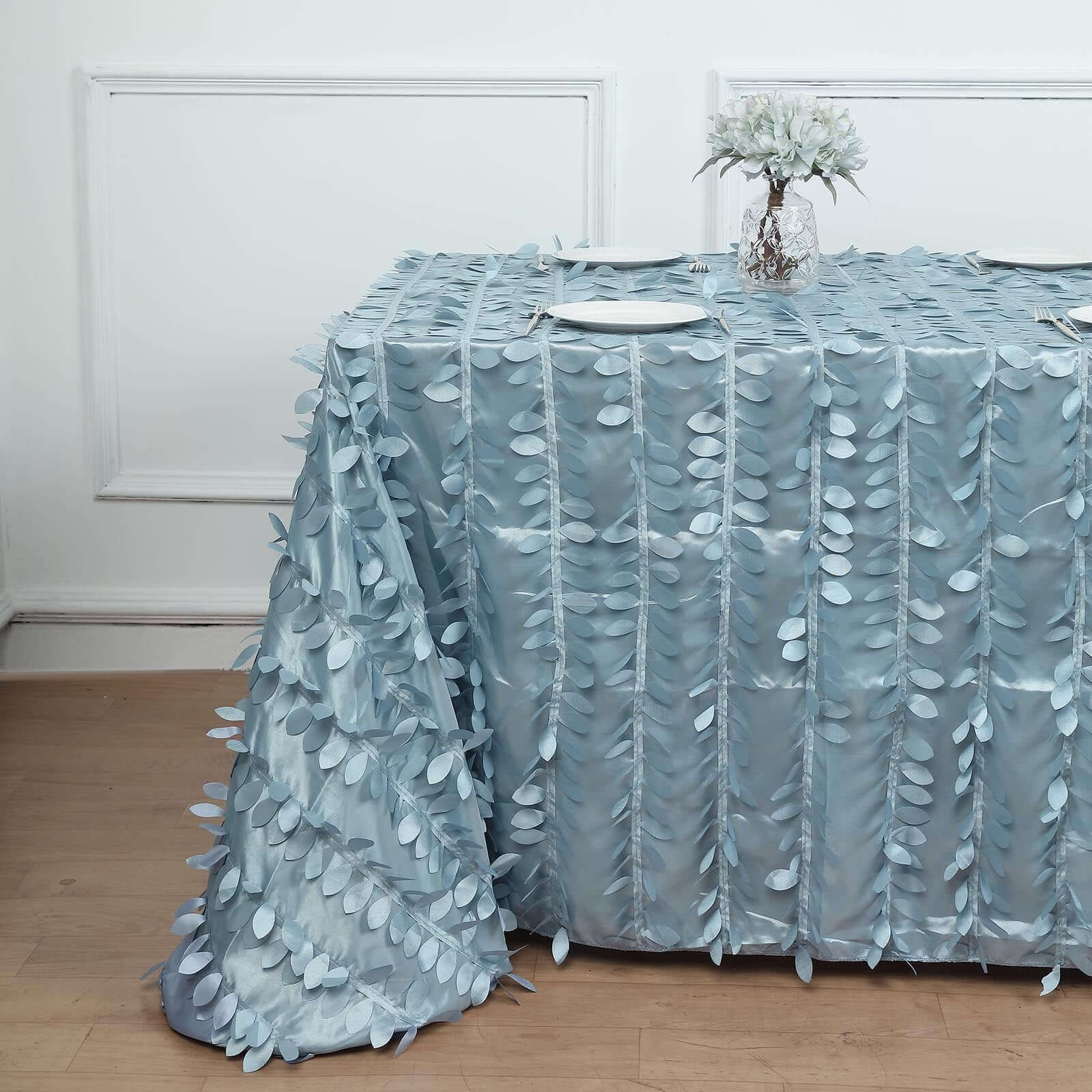 Hot Sale! Dusty Blue Taffeta 90x132 Rectangle Tablecloth with 3D Leaf Petal Design