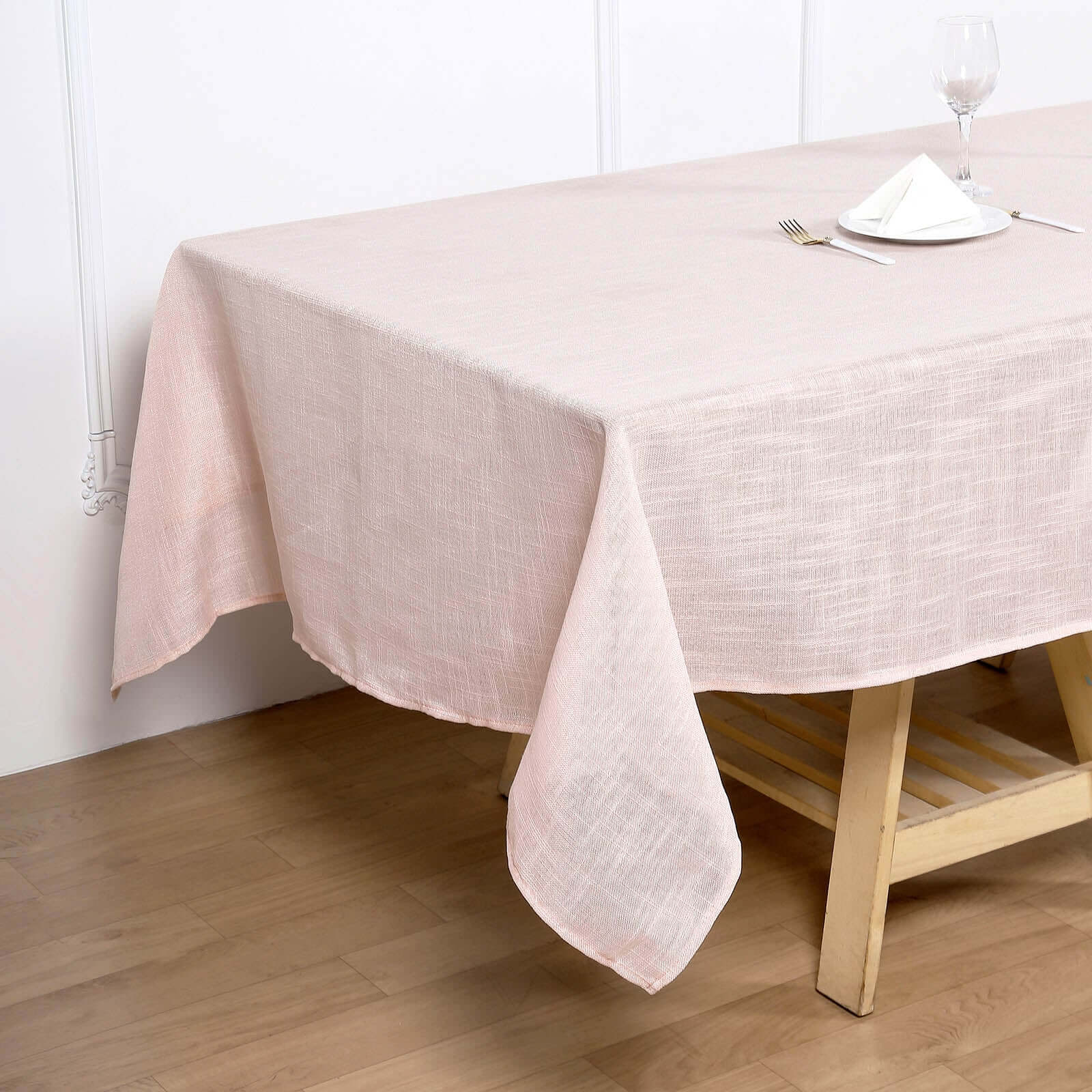Wrinkle-Resistant Blush Faux Linen Rectangular Tablecloth, 60x102 with Slubby Texture