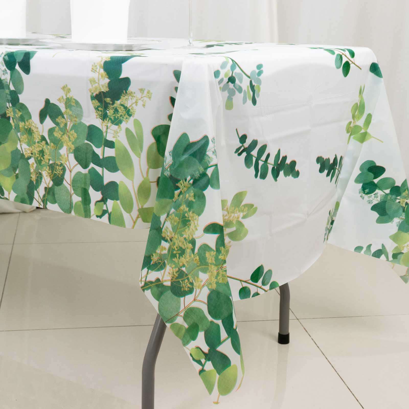 Hot Deal! 5-Pack Disposable PVC Plastic Table Covers in White/Green with Eucalyptus Print, 54x108