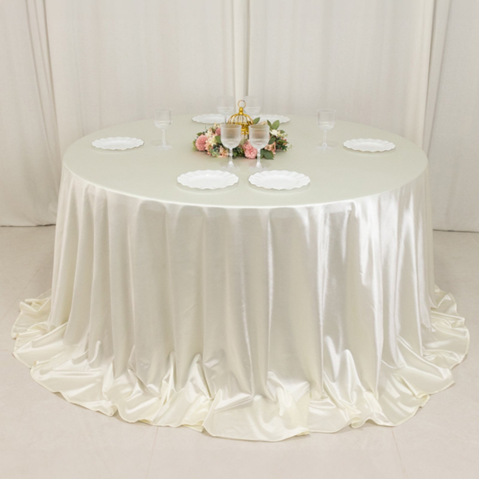Hot! Premium Wrinkle-Free, Stain-Resistant 132" Shimmering Pearl White Scuba Round Tablecloth