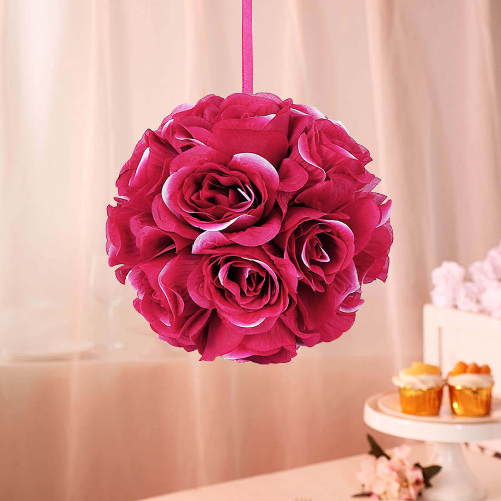 2-Pack 7-Inch Fuchsia Artificial Silk Rose Kissing Flower Balls for Decor