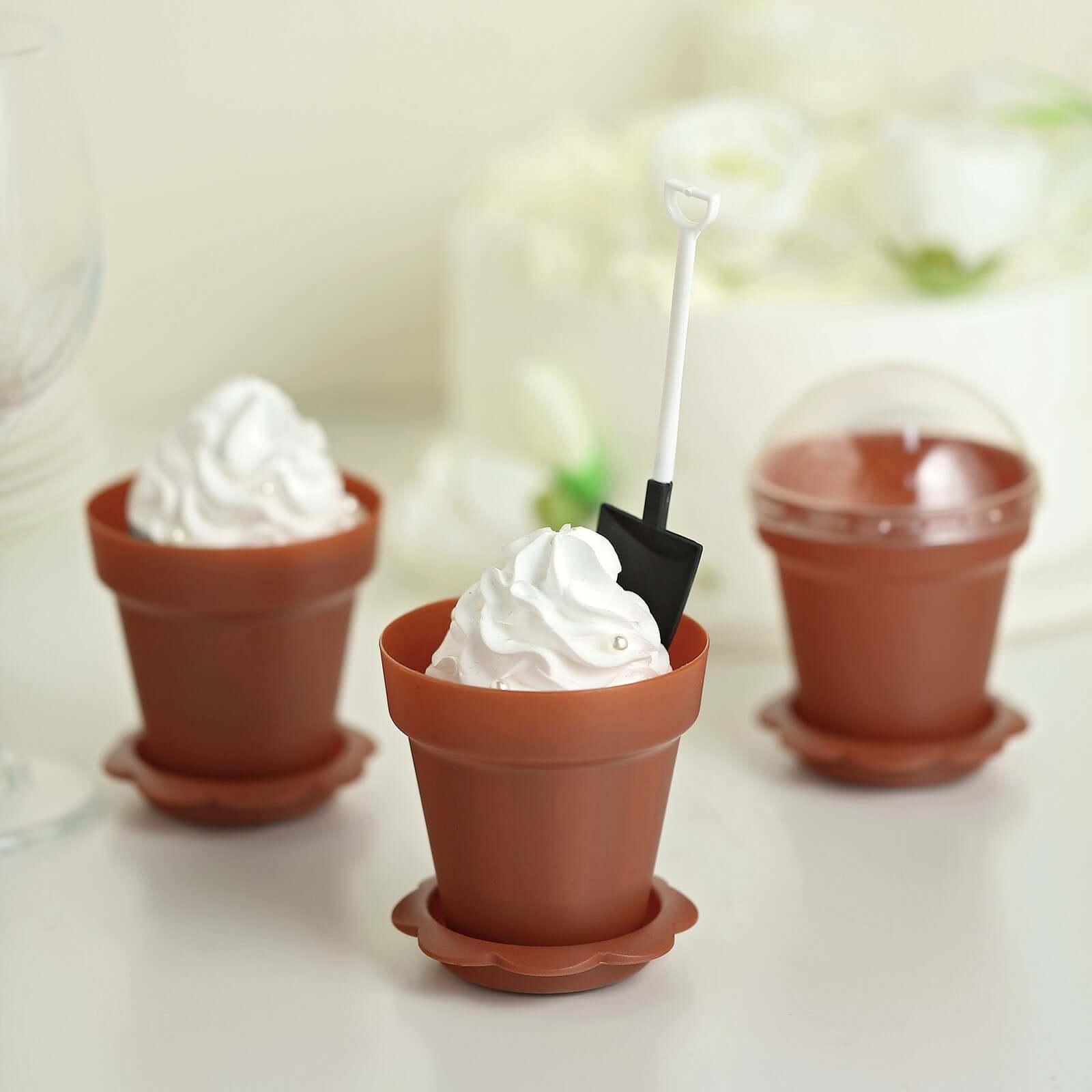 12-Pack Plastic Dessert Cups with Lids and Shovels in Terracotta (Rust) Succulent Planter Design