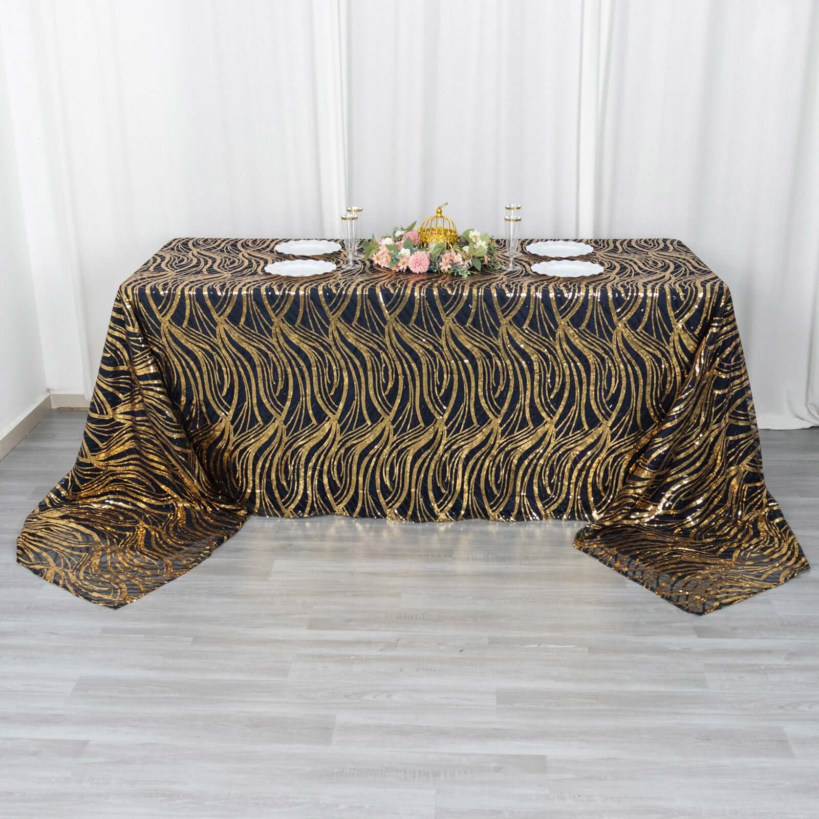 Black/Gold Sparkly Wave Sequin Embroidered Mesh Rectangle Tablecloth 90x156