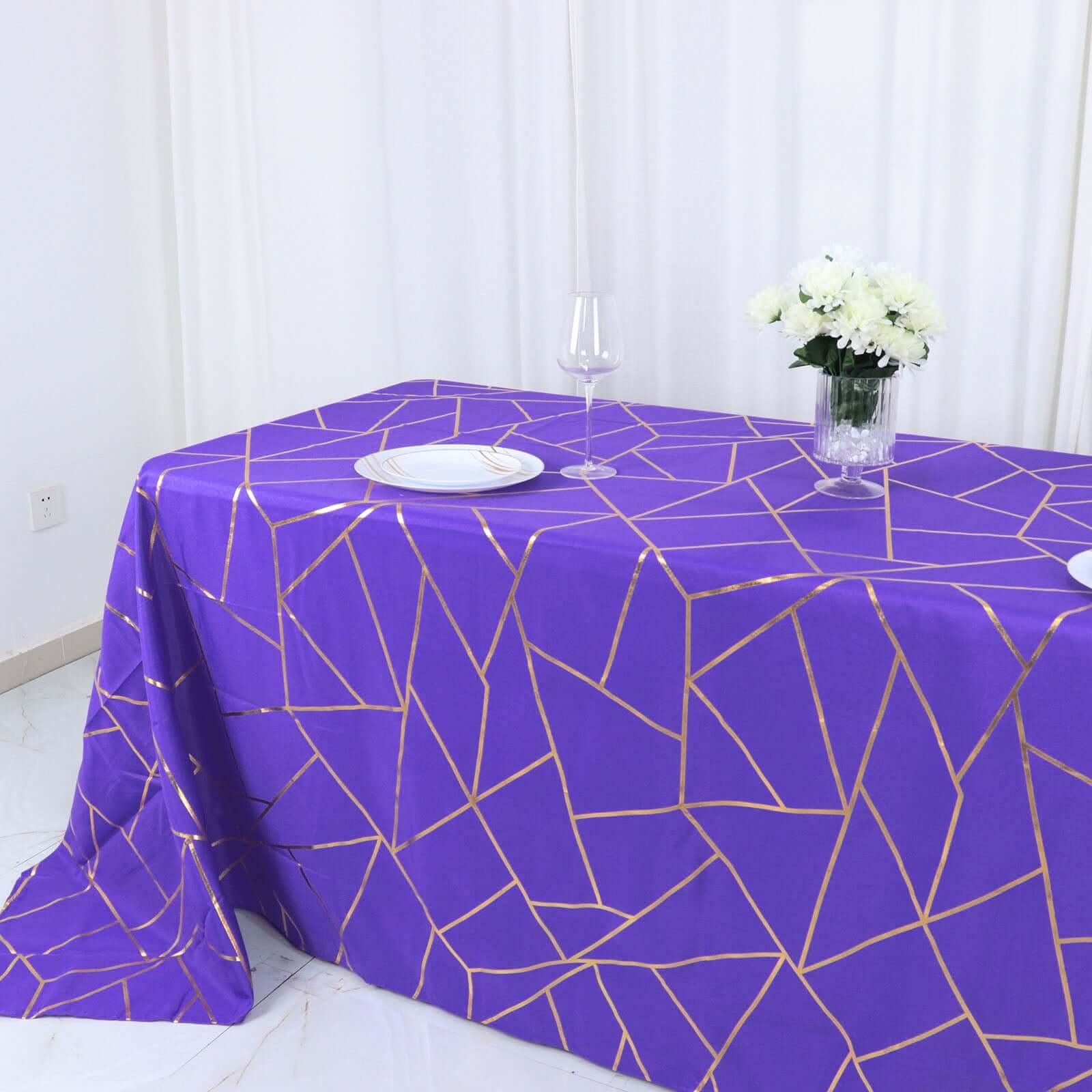 Wrinkle-Resistant Purple Polyester Tablecloth with Gold Foil Geometric Pattern, 90x132