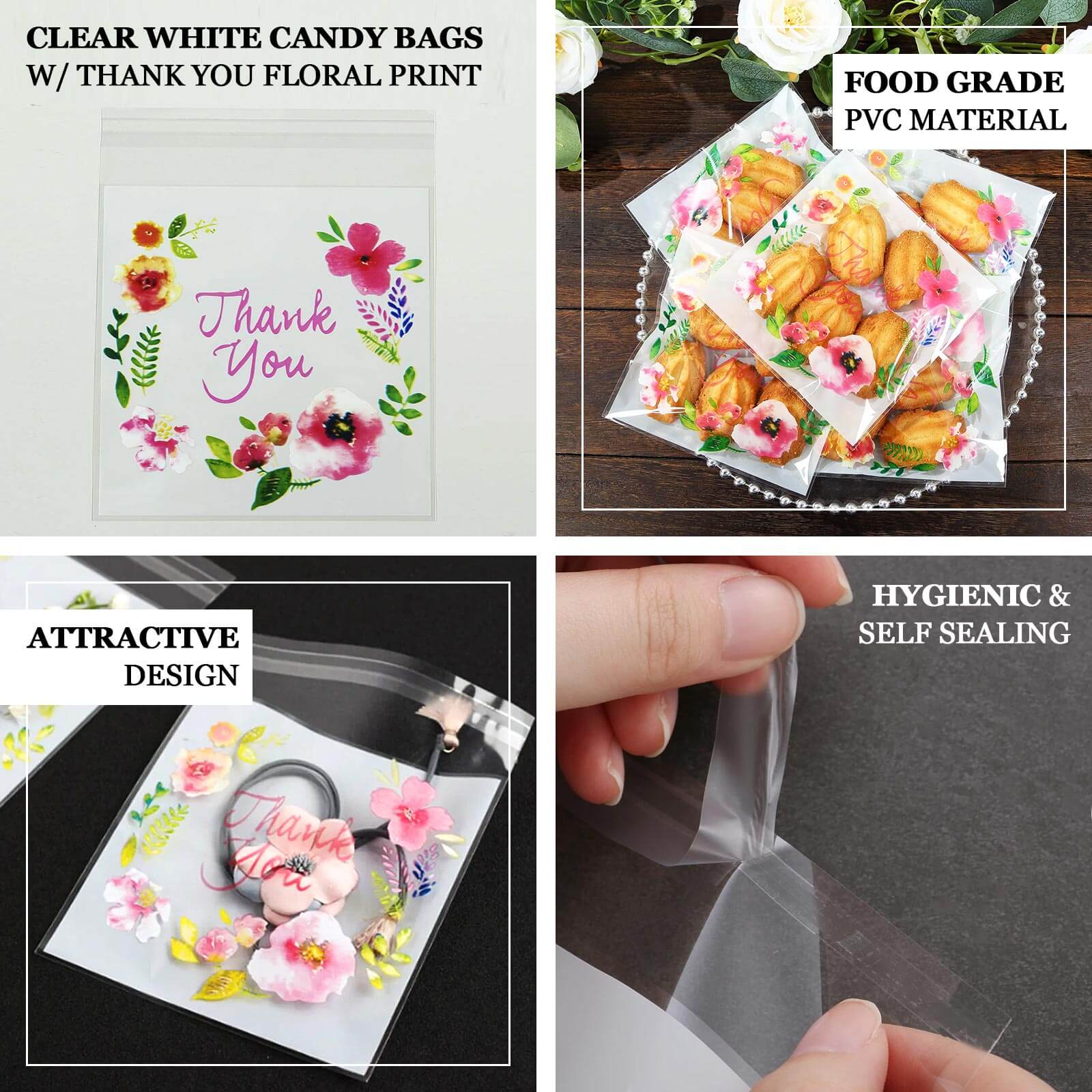100-Pack White/Clear PVC Decorative Self-Adhesive Cookie Candy Bags - Ideal for Weddings, Birthdays & Parties